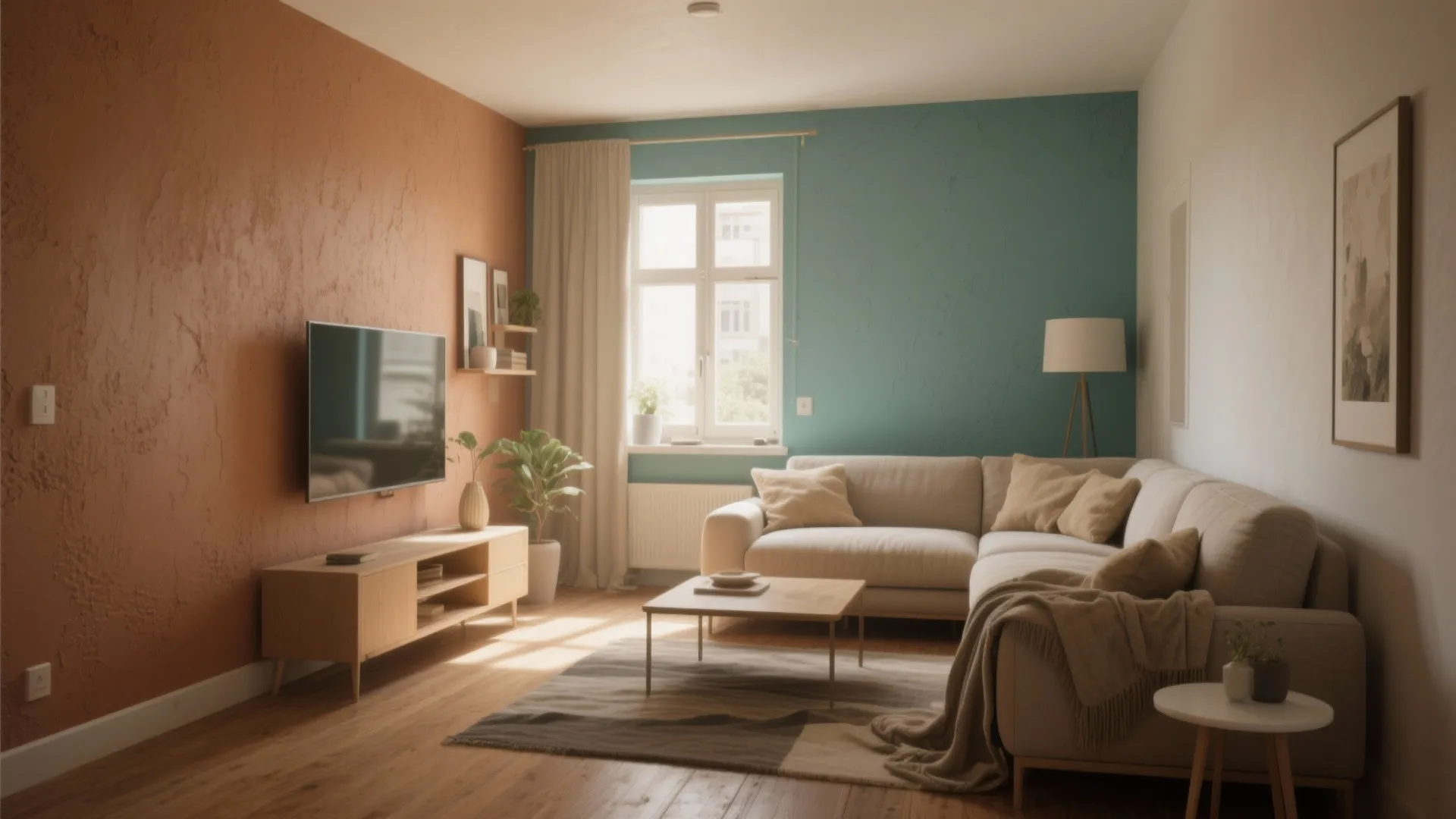 Modern living room featuring orange and teal walls with beige sofa and wooden television cabinet