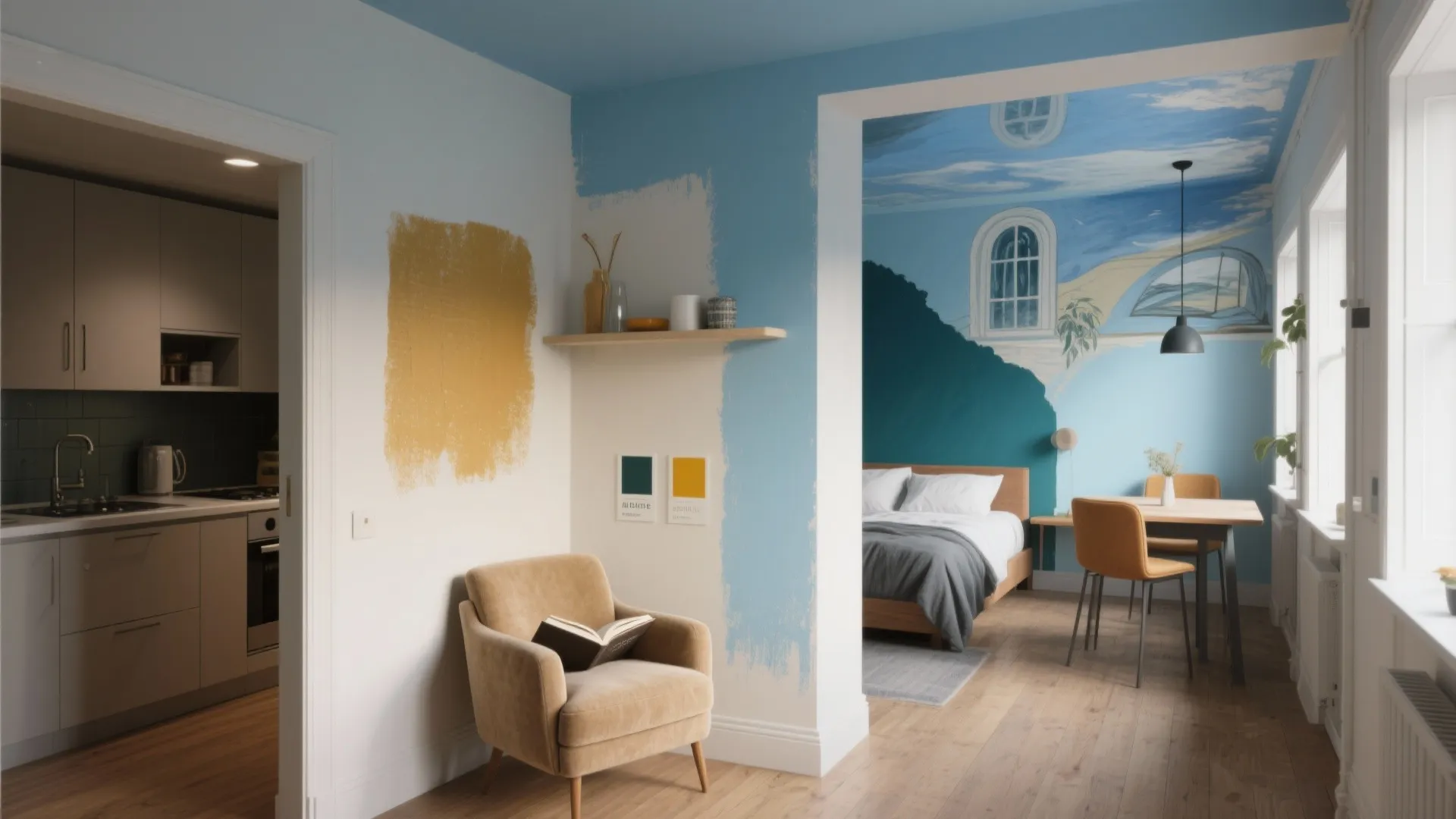 Apartment interior showing kitchen and bedroom with blue and yellow paint samples on the white walls