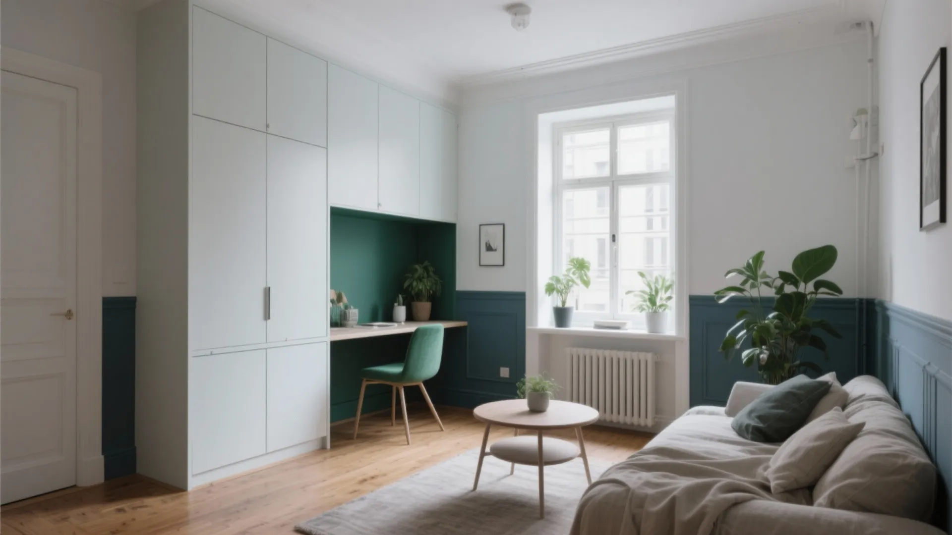 Modern small living room featuring white tall cabinet green workspace sofa and round coffee table