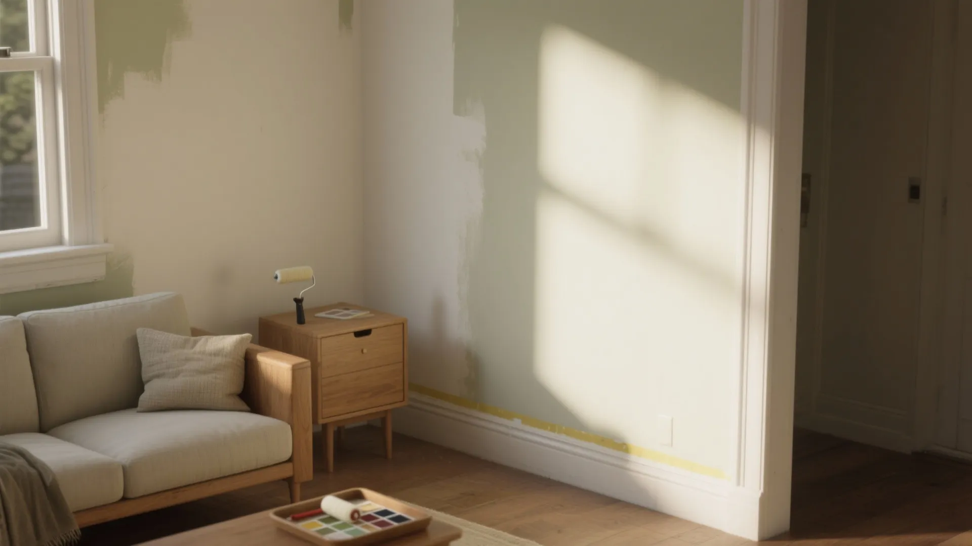 Living room corner with green wall paint being applied next to sofa and wooden cabinet