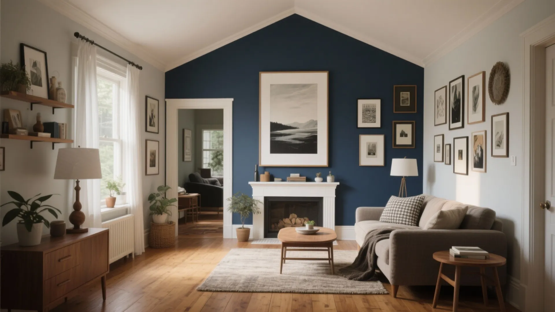Cozy living room with dark blue wall fireplace grey sofa wooden floors and framed pictures