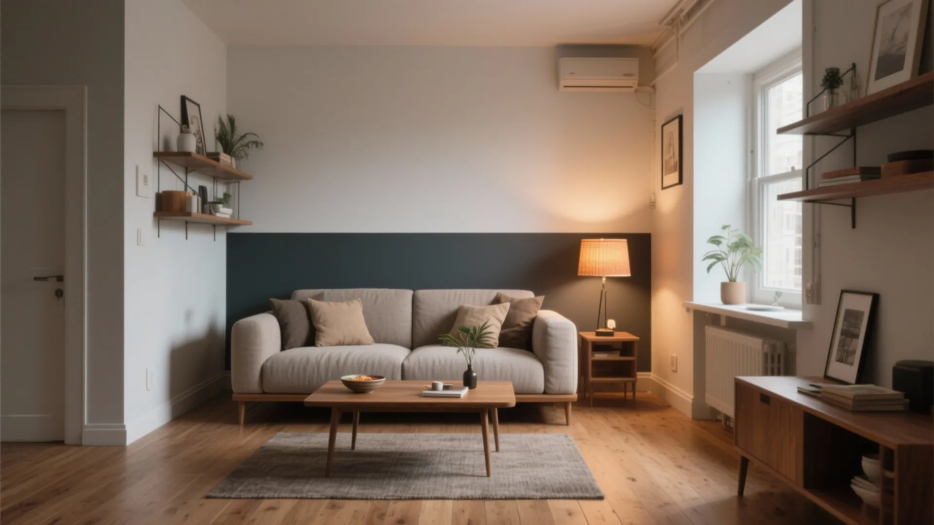 Modern living room featuring a grey sofa wooden coffee table and a dark blue wall