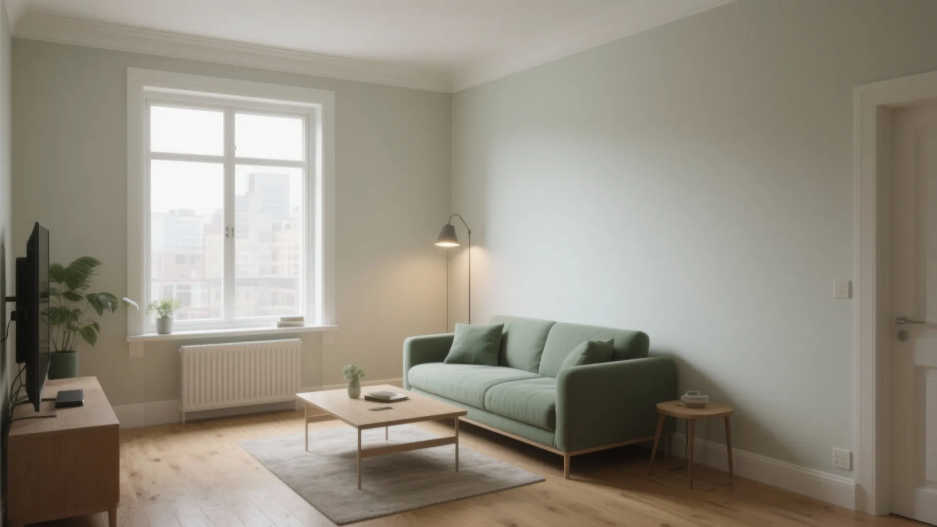Minimalist living room with green sofa wooden coffee table floor lamp and light green wall paint