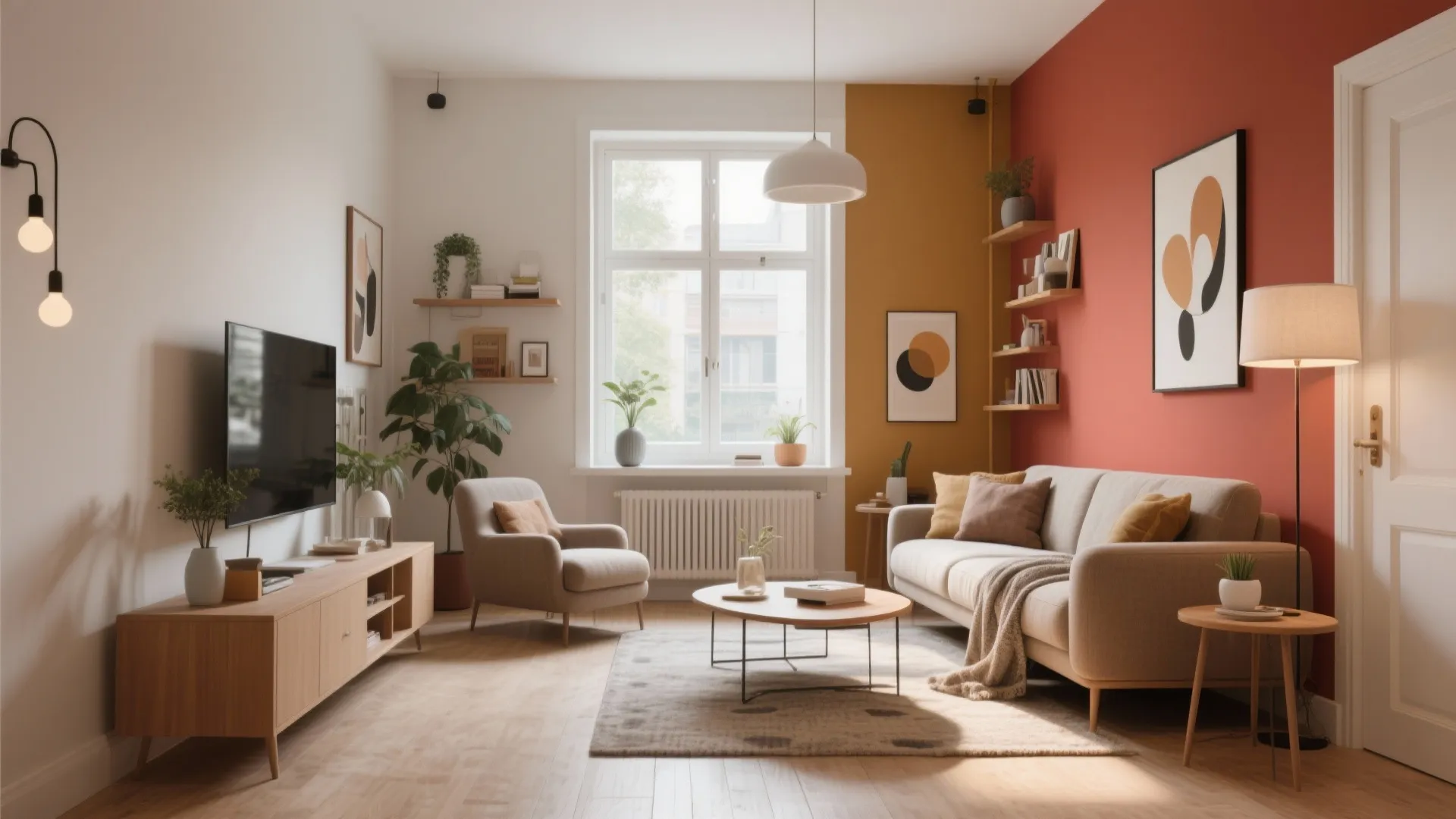 Modern living room with beige sofa wooden cabinet colorful accent walls round table and sunlight