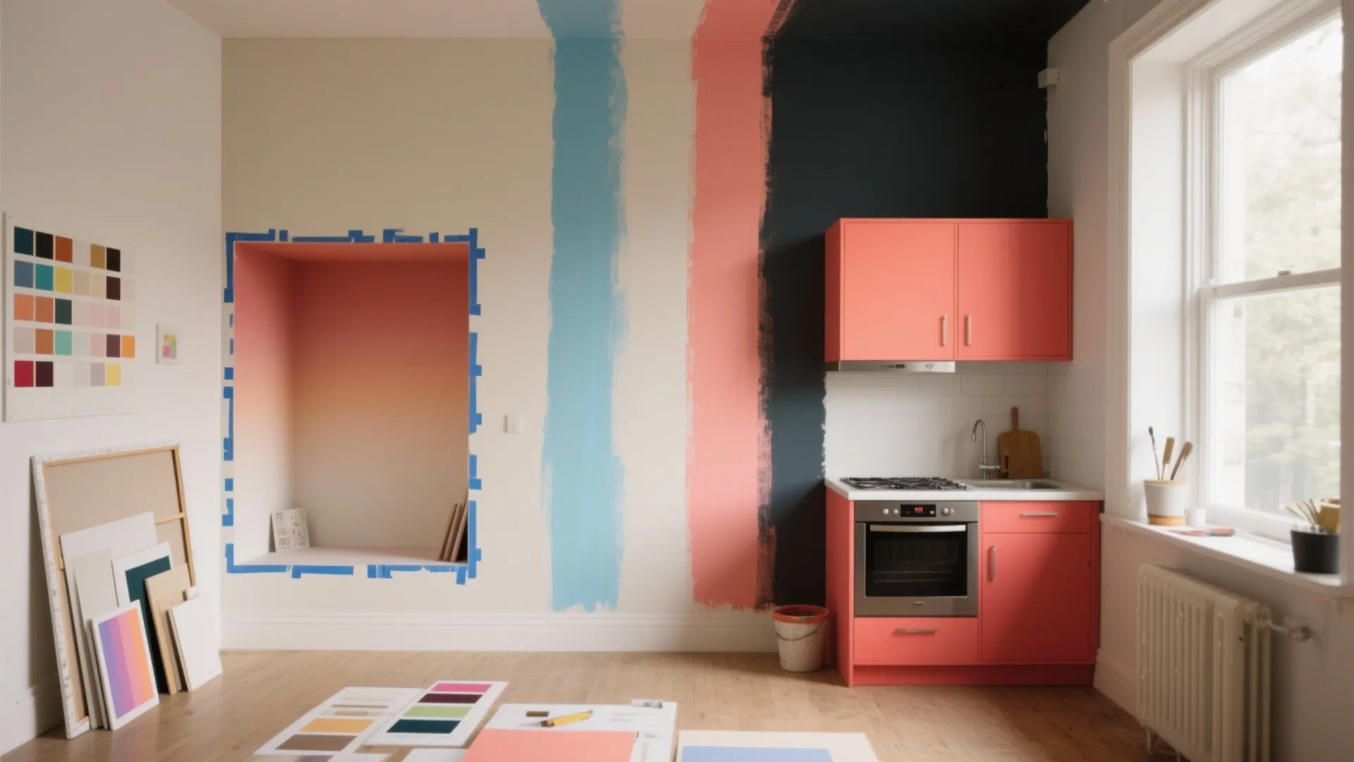 Kitchen wall showing paint samples in blue pink and dark grey with small pink cabinet