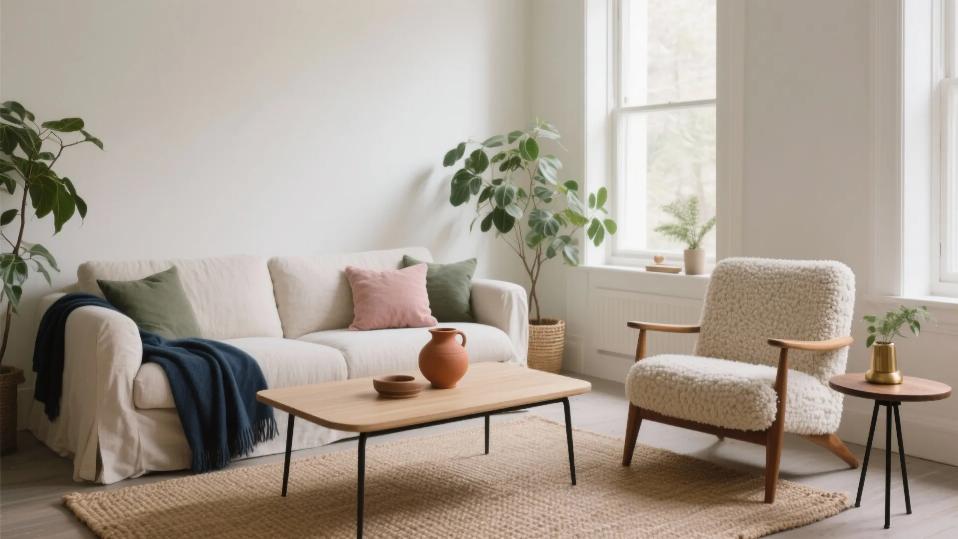 Living room featuring white sofa wooden coffee table fluffy armchair green plants and natural light