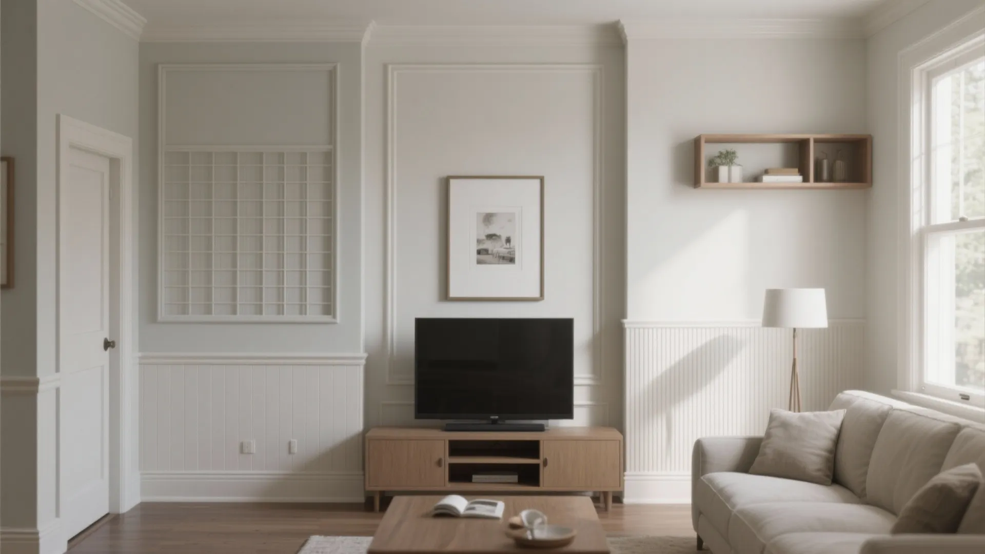 Cozy living room with white wall panels, wooden television stand, beige sofa, window, and light