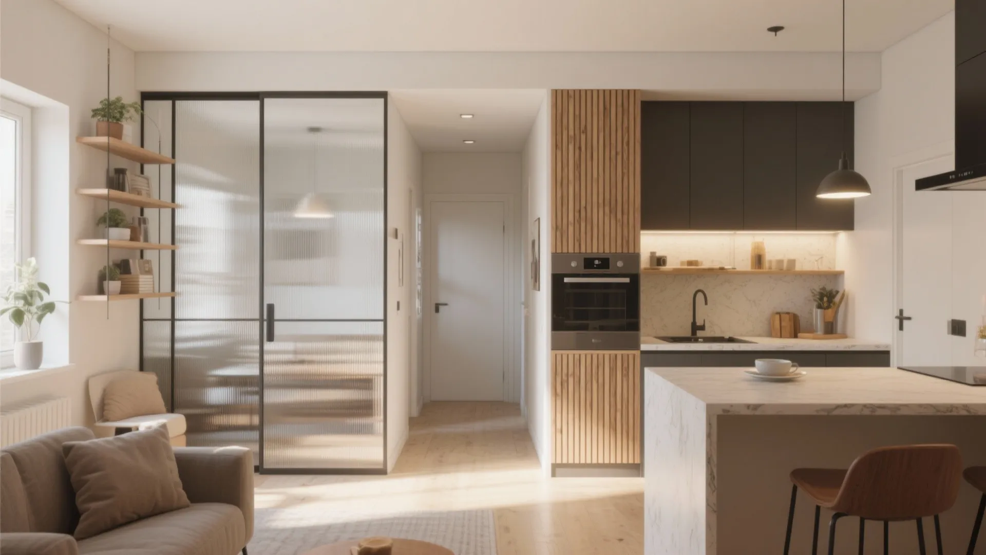 Open plan living area with glass door partition wall panels and modern black kitchen cabinets