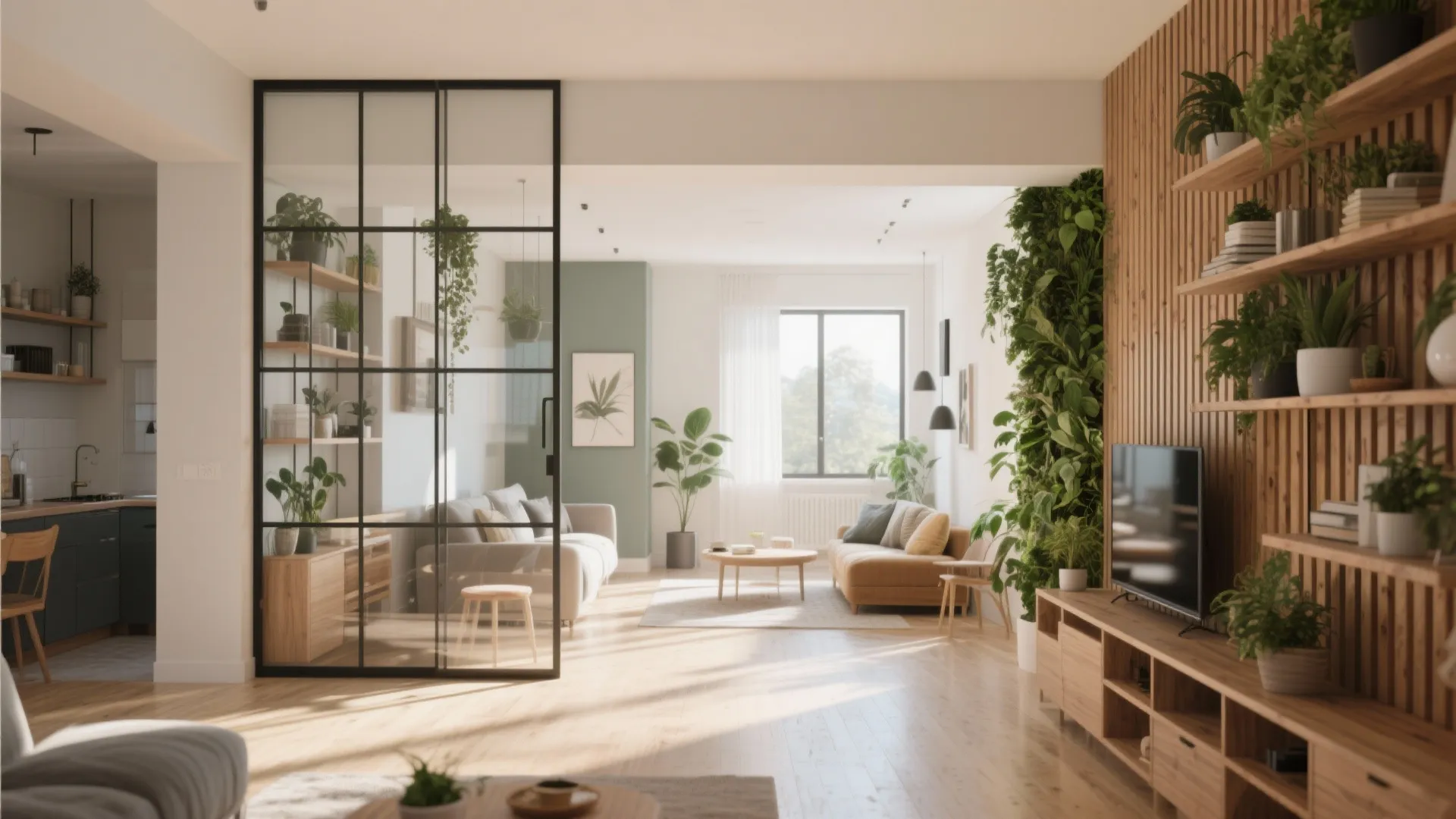 Living room with glass partition wall featuring green plants and wood shelves with a sofa