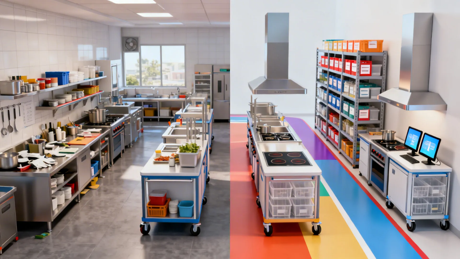 Before-and-after compact kitchen showing messy layout versus optimized stations, storage, flow, ventilation, and pack-out.