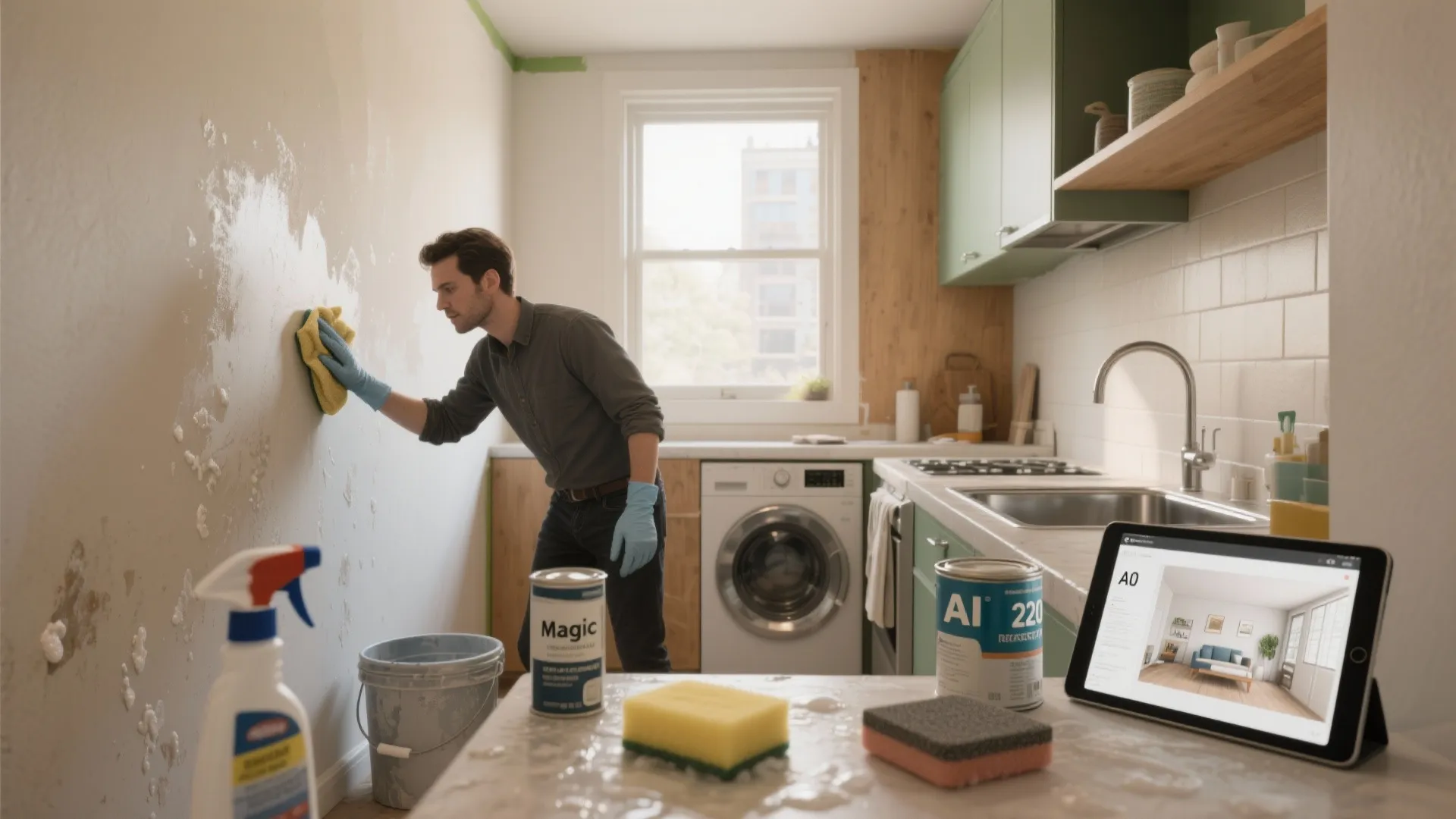 Man cleaning kitchen wall with sponge near cleaning supplies and tablet showing an interior design room