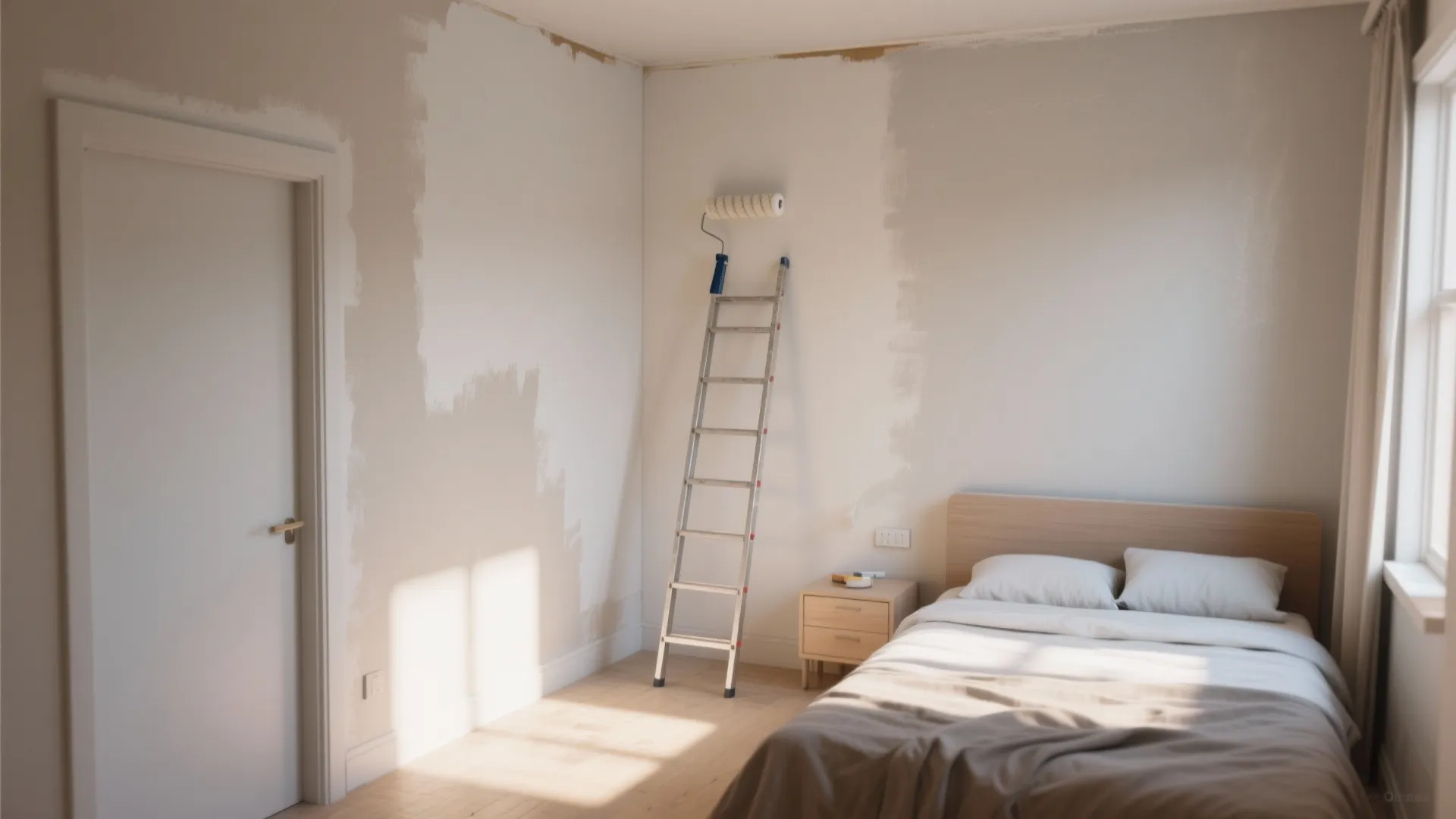 Bedroom being painted with a ladder and paint roller against partially white and beige walls