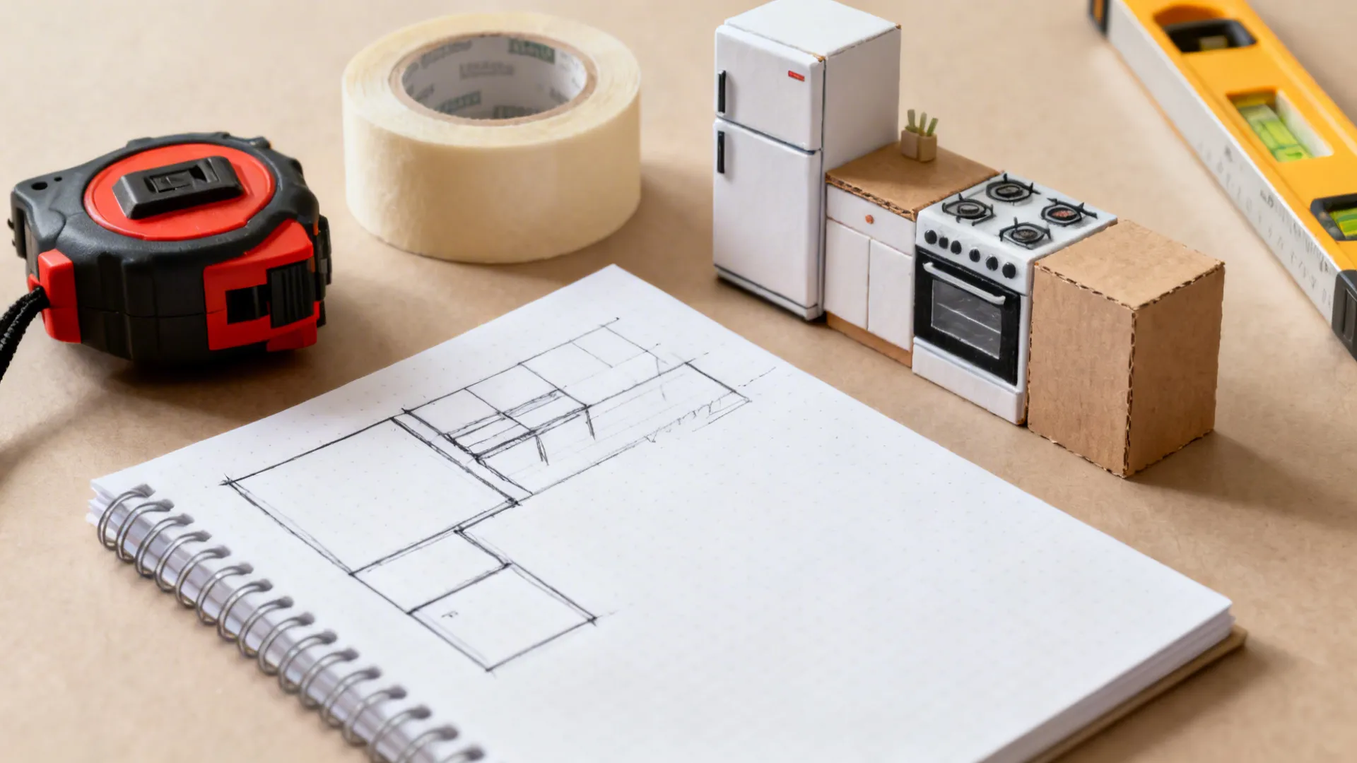 Top-down flat lay of measuring tools, tape, and mockup blocks for small-kitchen planning.