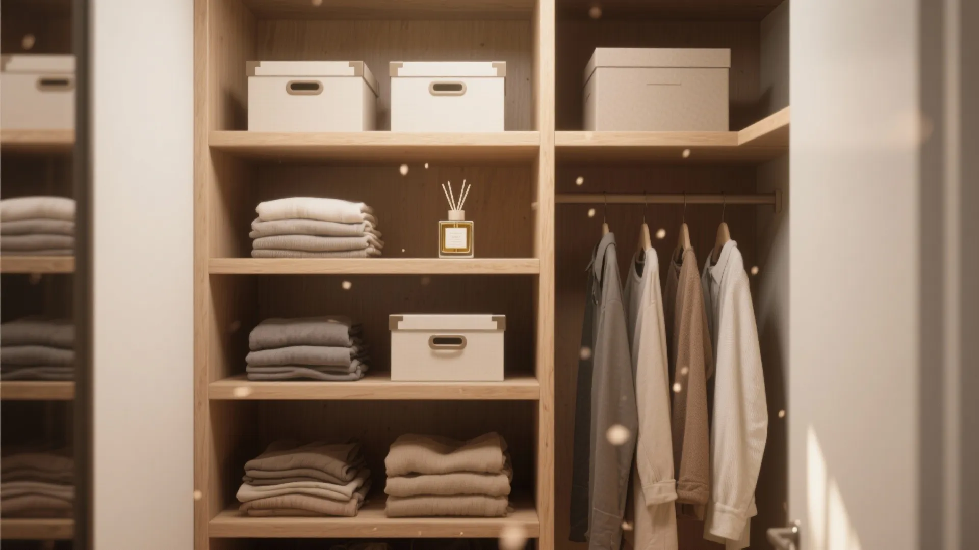 Organized wooden closet with folded clothes storage boxes hanging shirts and a small scent diffuser