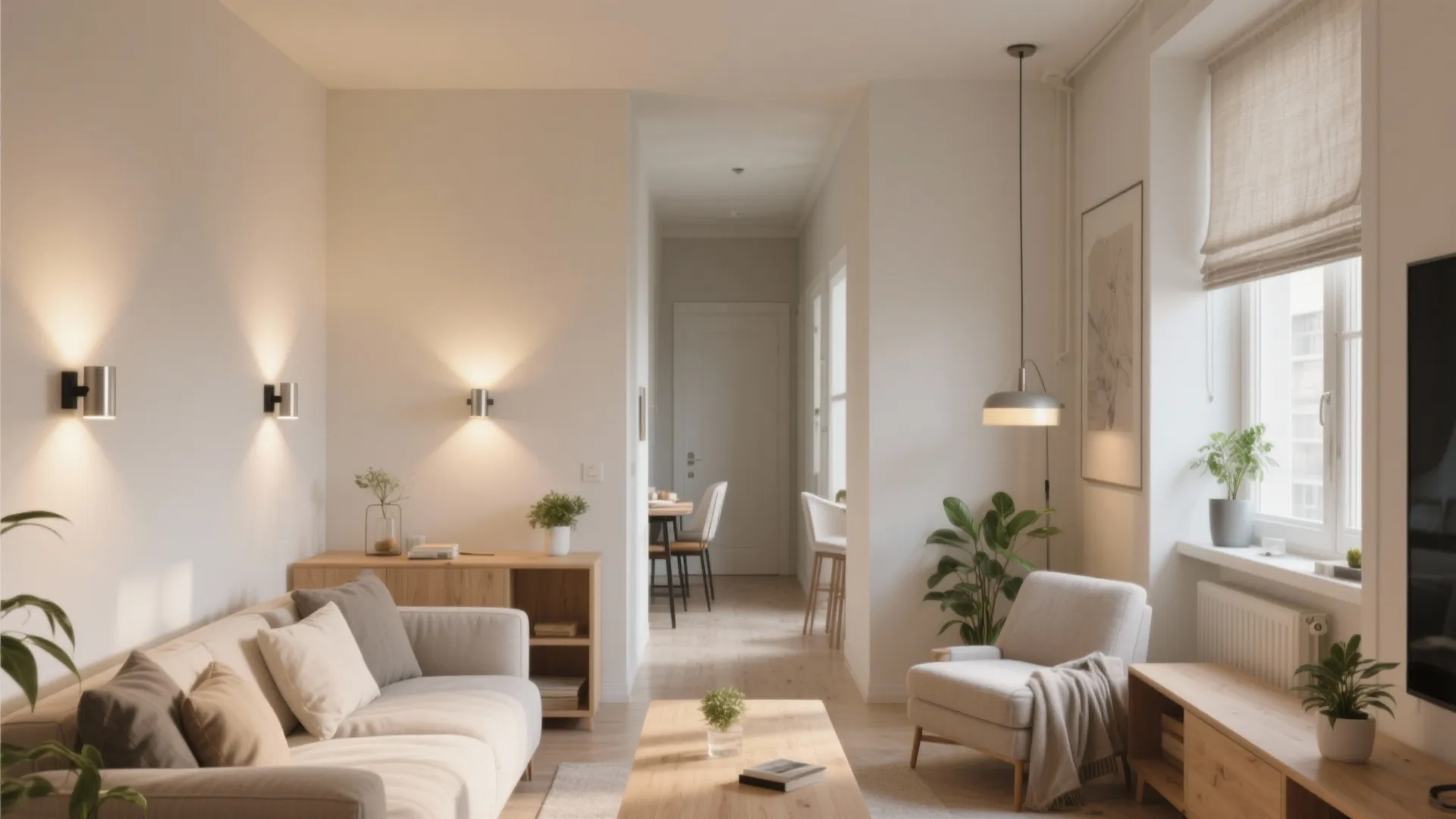 Bright living room with grey sofa wooden furniture wall lights and window with beige curtain