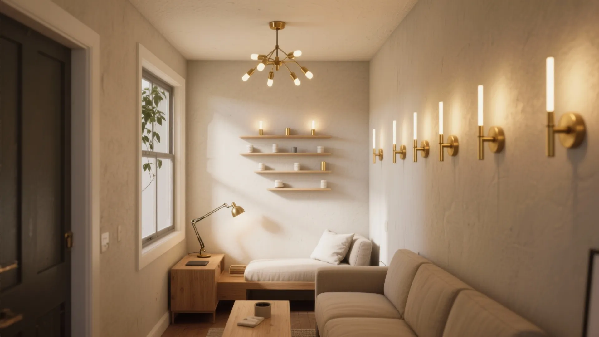 Small living room featuring beige sofa wood shelves gold ceiling light and warm wall lights
