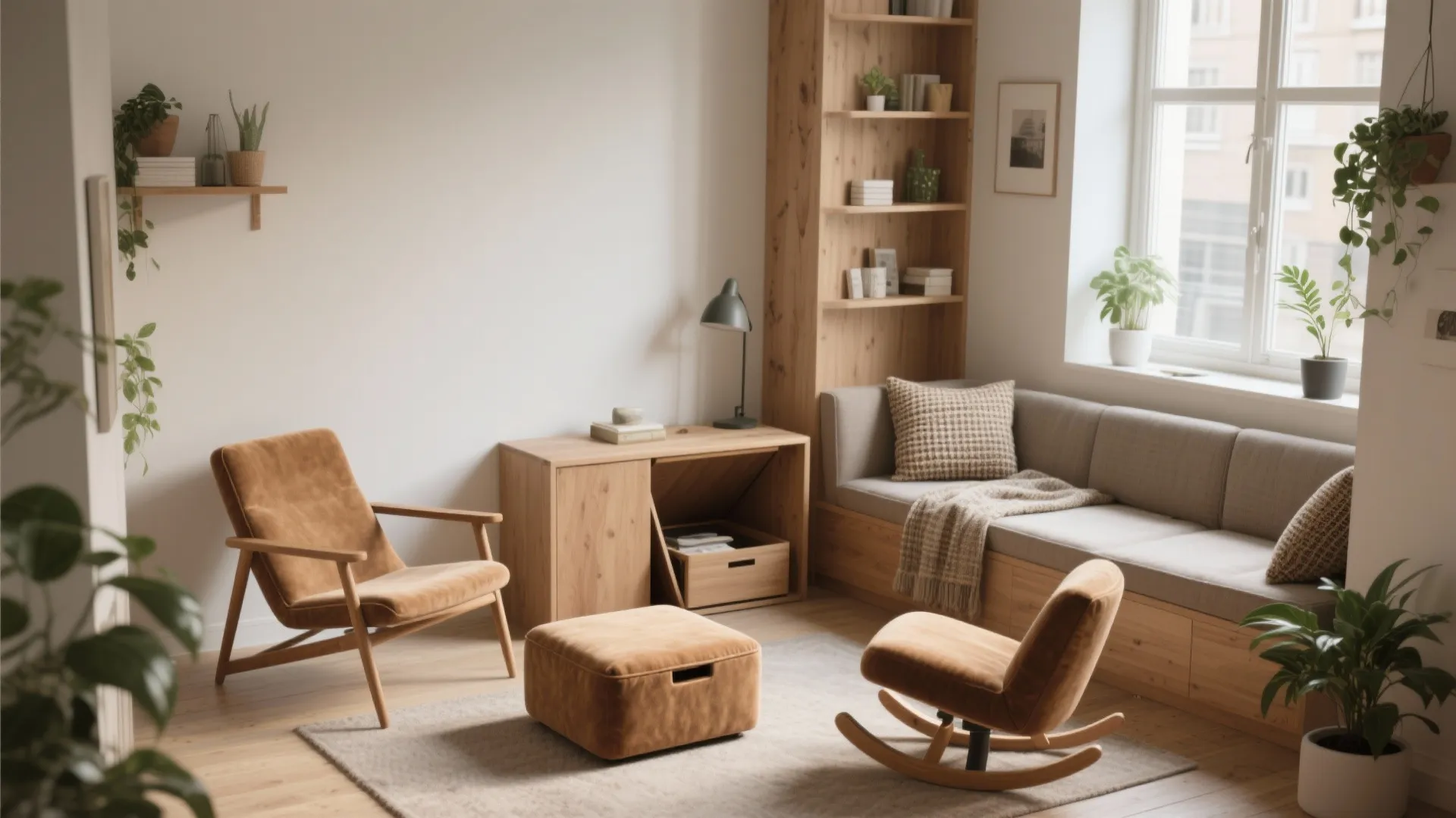 Bright living room with wooden furniture and brown chairs including a rocking chair and footrest