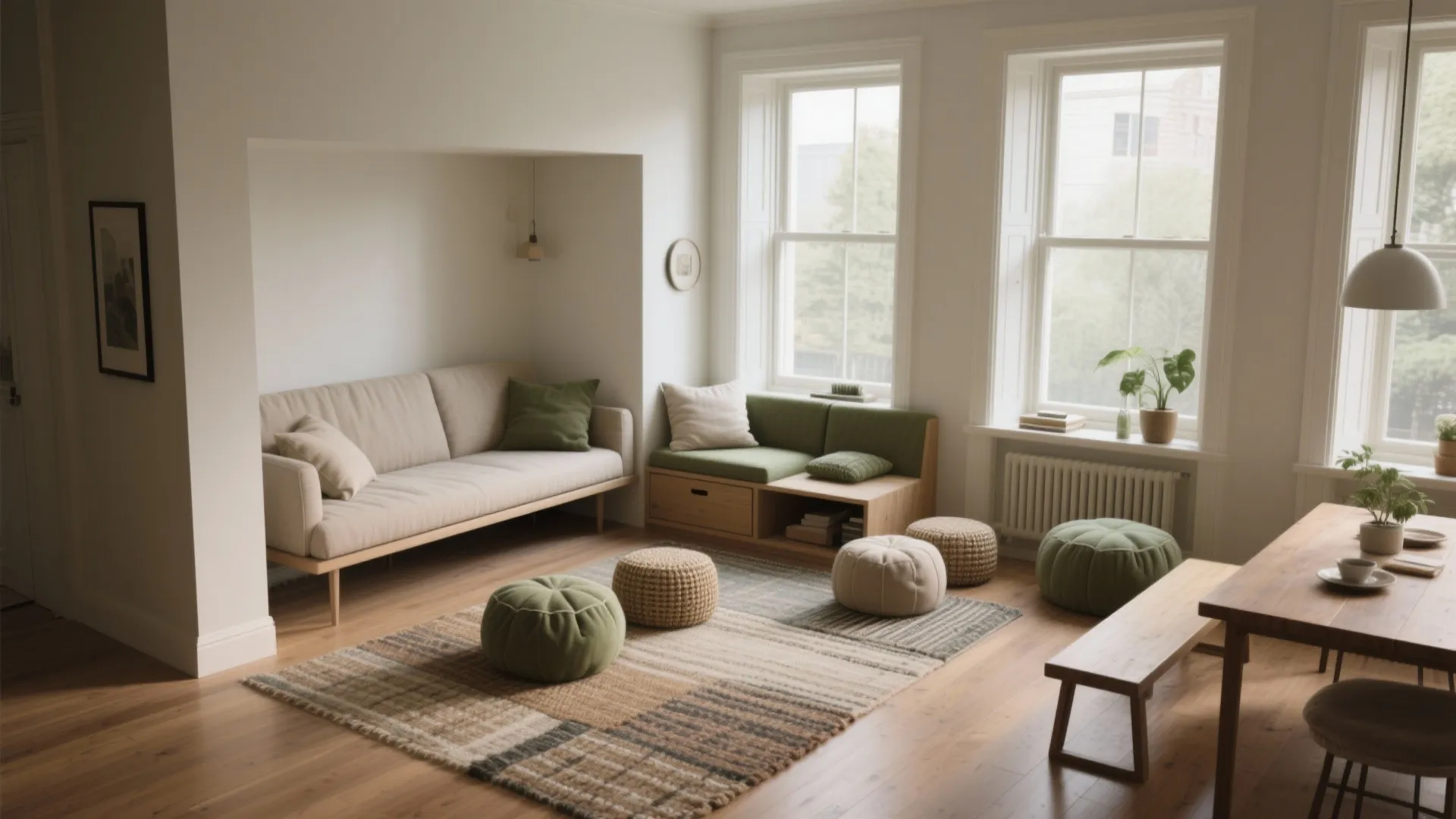 Bright living room featuring a long sofa, green footrests, wooden floor, and large white windows