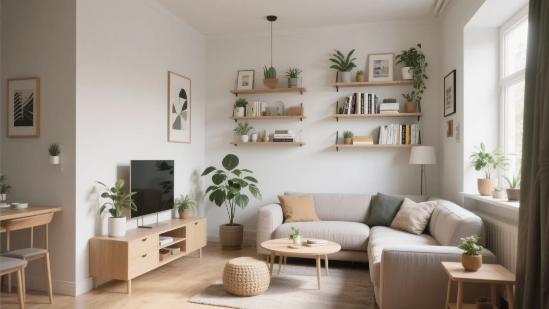 Modern bright living room with cream sofa wooden cabinet wall shelves green plants and natural light