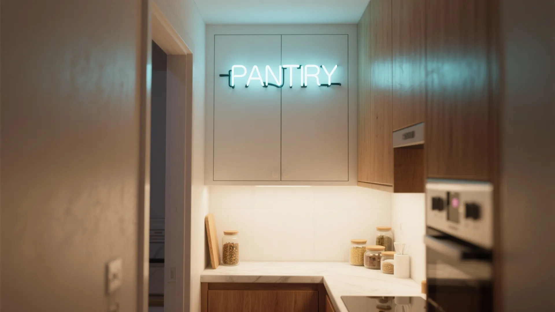 Modern kitchen corner with wooden cabinets and blue neon sign displaying the word pantry inside