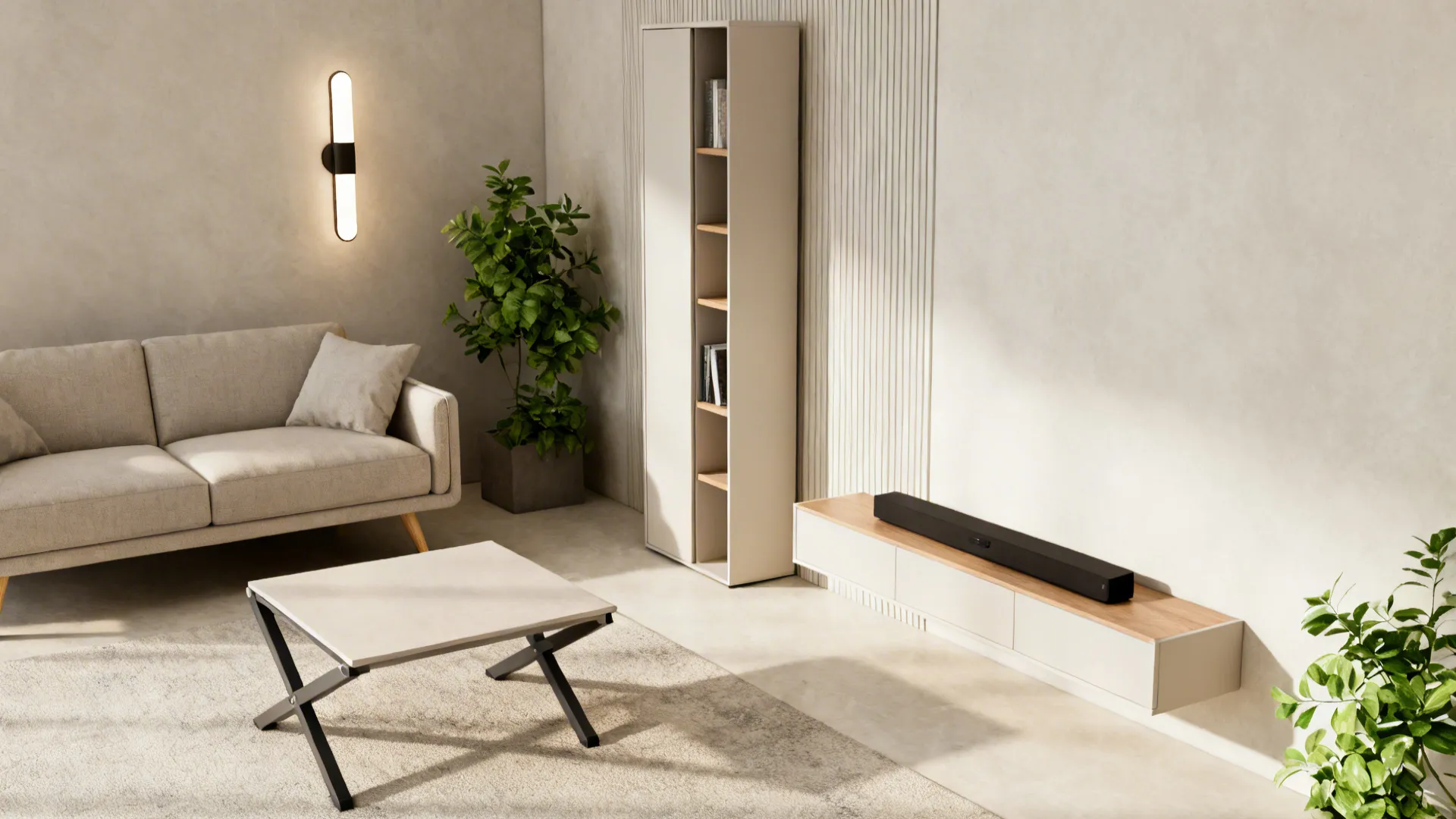 Top-down layout and vignettes of compact living room furniture emphasizing multi-use and vertical storage