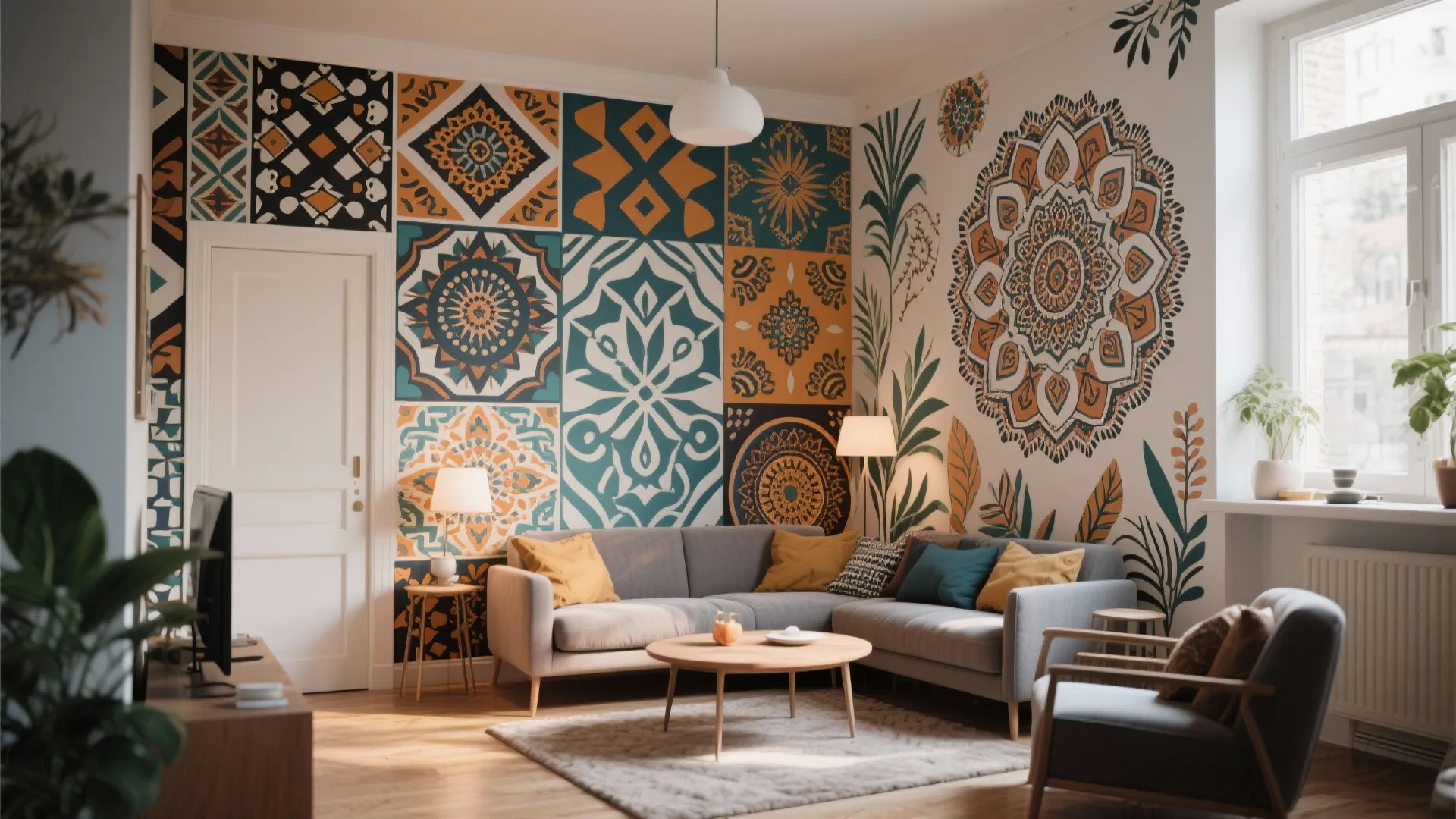 Bohemian living room with grey sofa, colorful wall patterns, round coffee table, and natural light