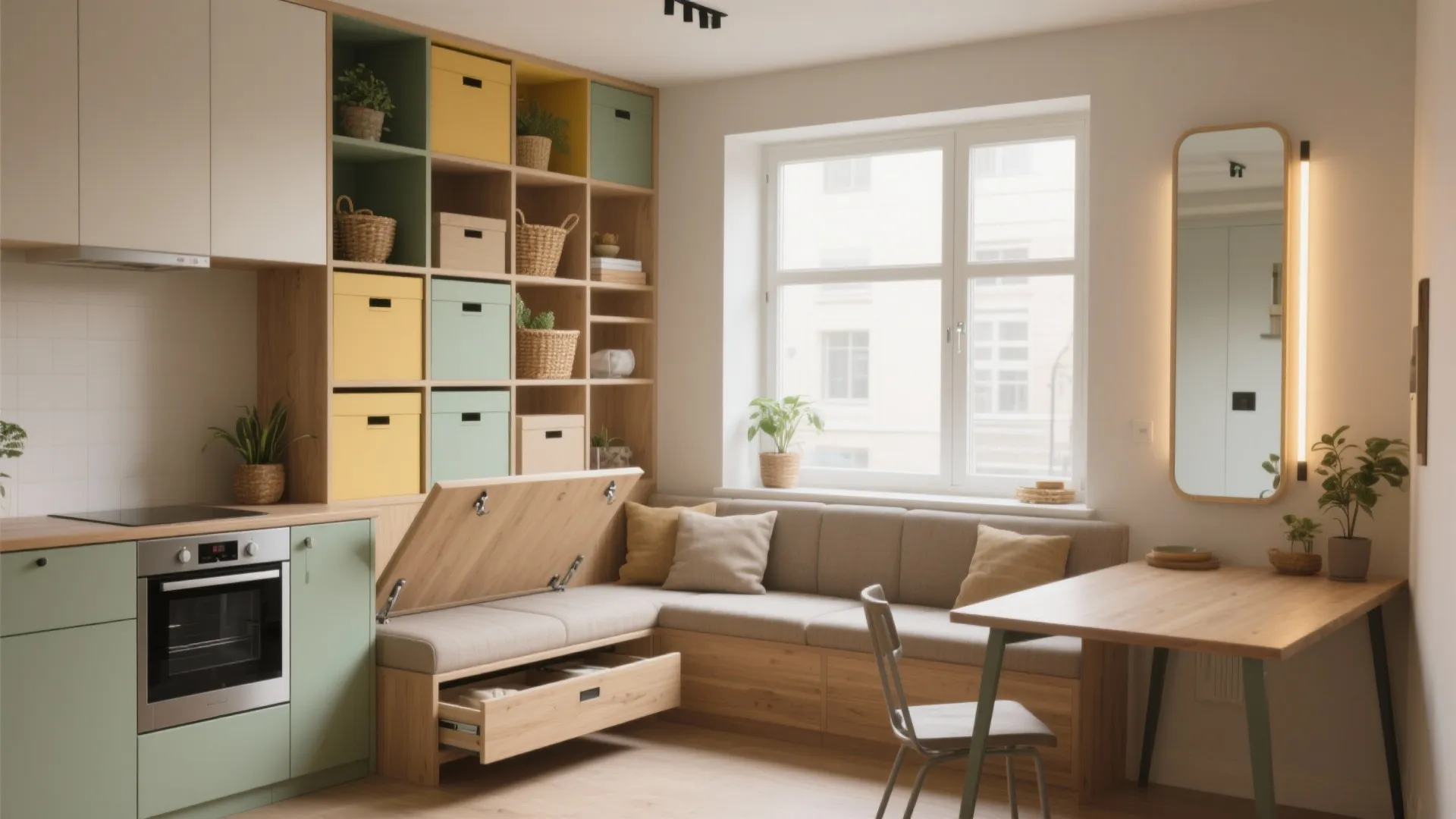 Bright kitchen dining area with colorful wall storage cabinets and a wooden corner seating bench