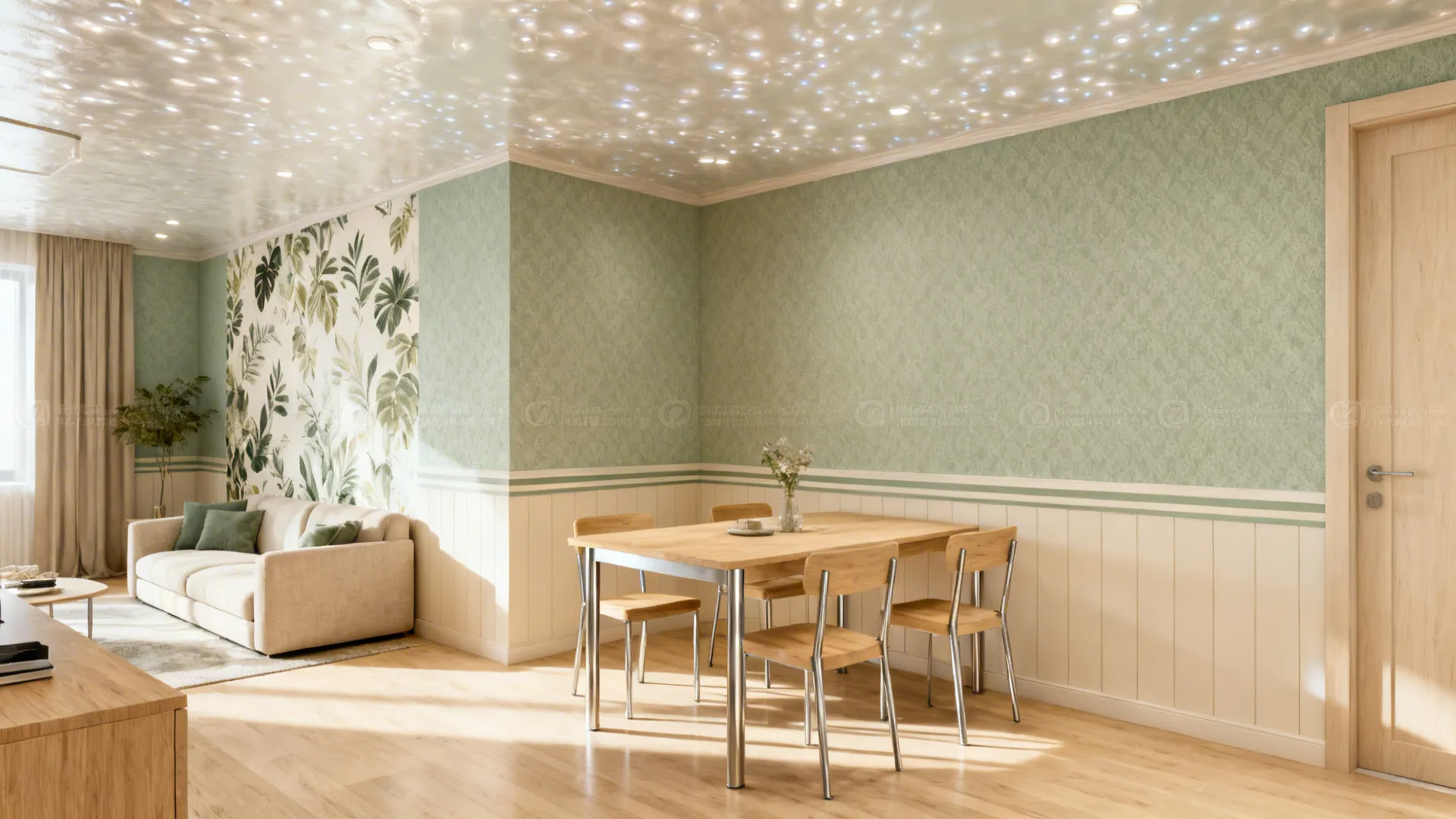 Compact open-plan room with textured neutrals, an accent wall, wainscot stripe, and a soft reflective ceiling.