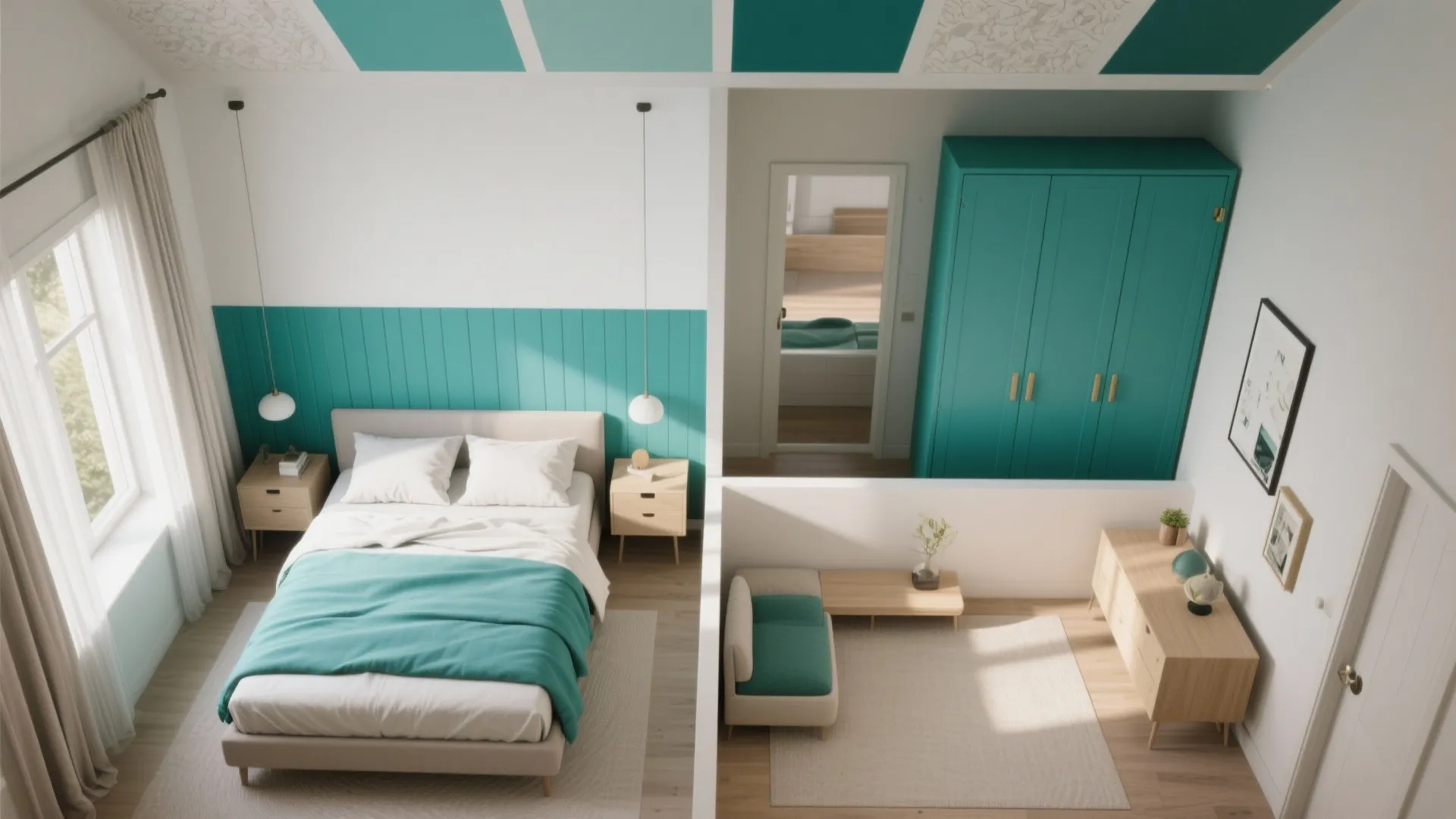 Interior design drawing showing a small bedroom with teal wall panel and large blue cabinet