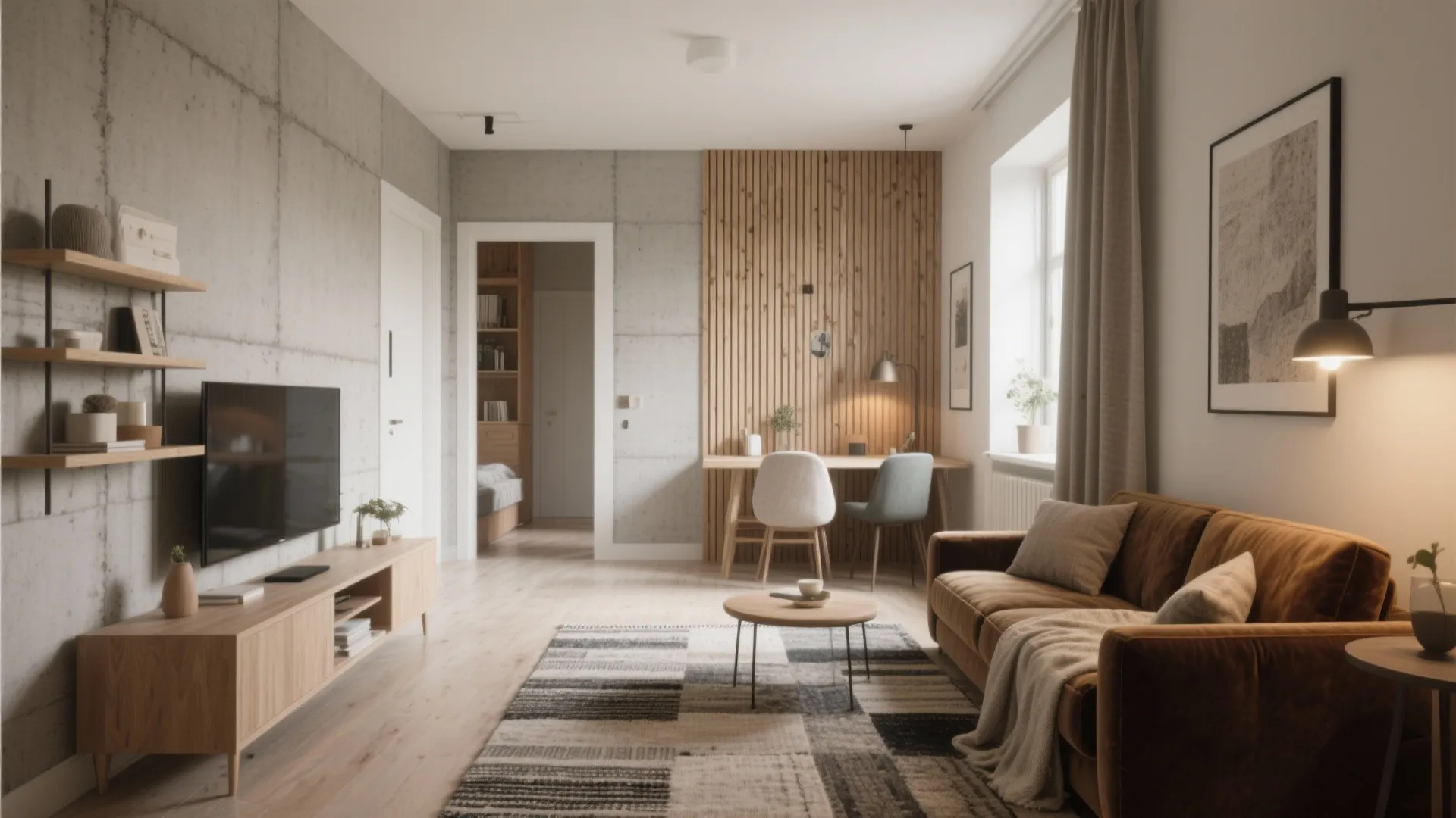 Modern living room with brown sofa wood paneling wall desk setup and grey rug area