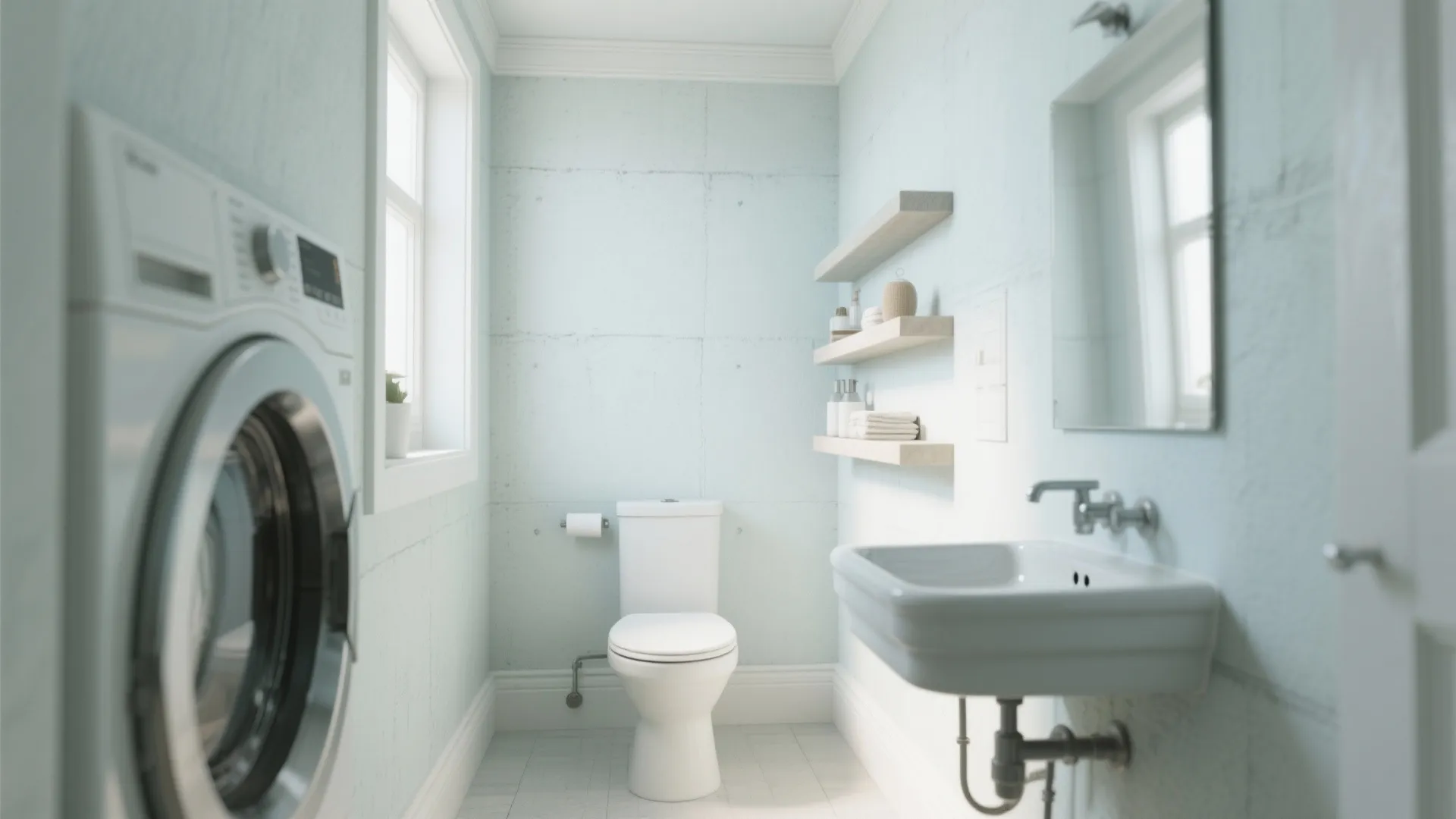 Small light blue bathroom with white washing machine toilet sink wall shelves and a mirror