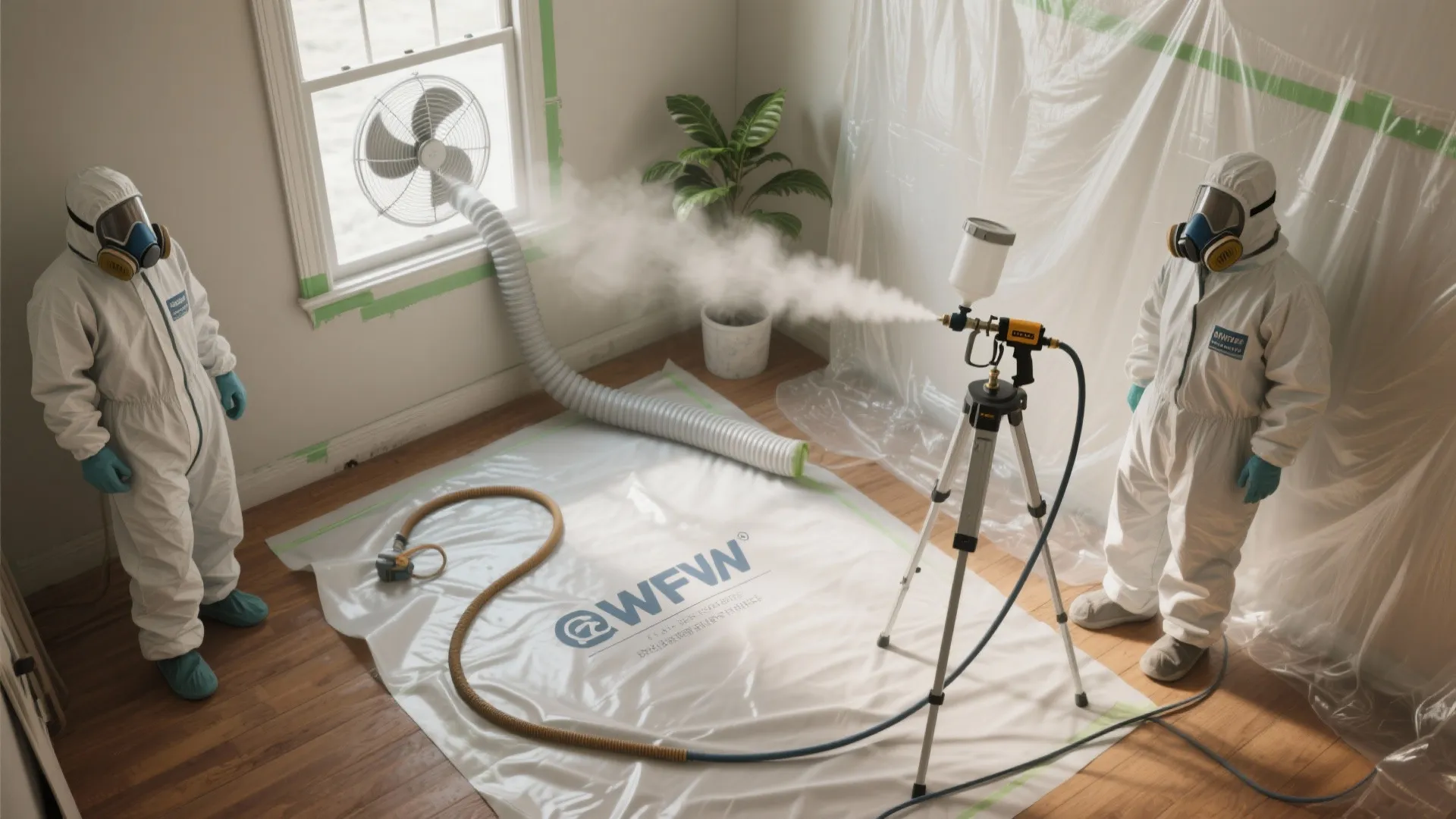 Top-down view of a small room set up for spraying with fan, respirator, taped ventilation and low-pressure sprayer.