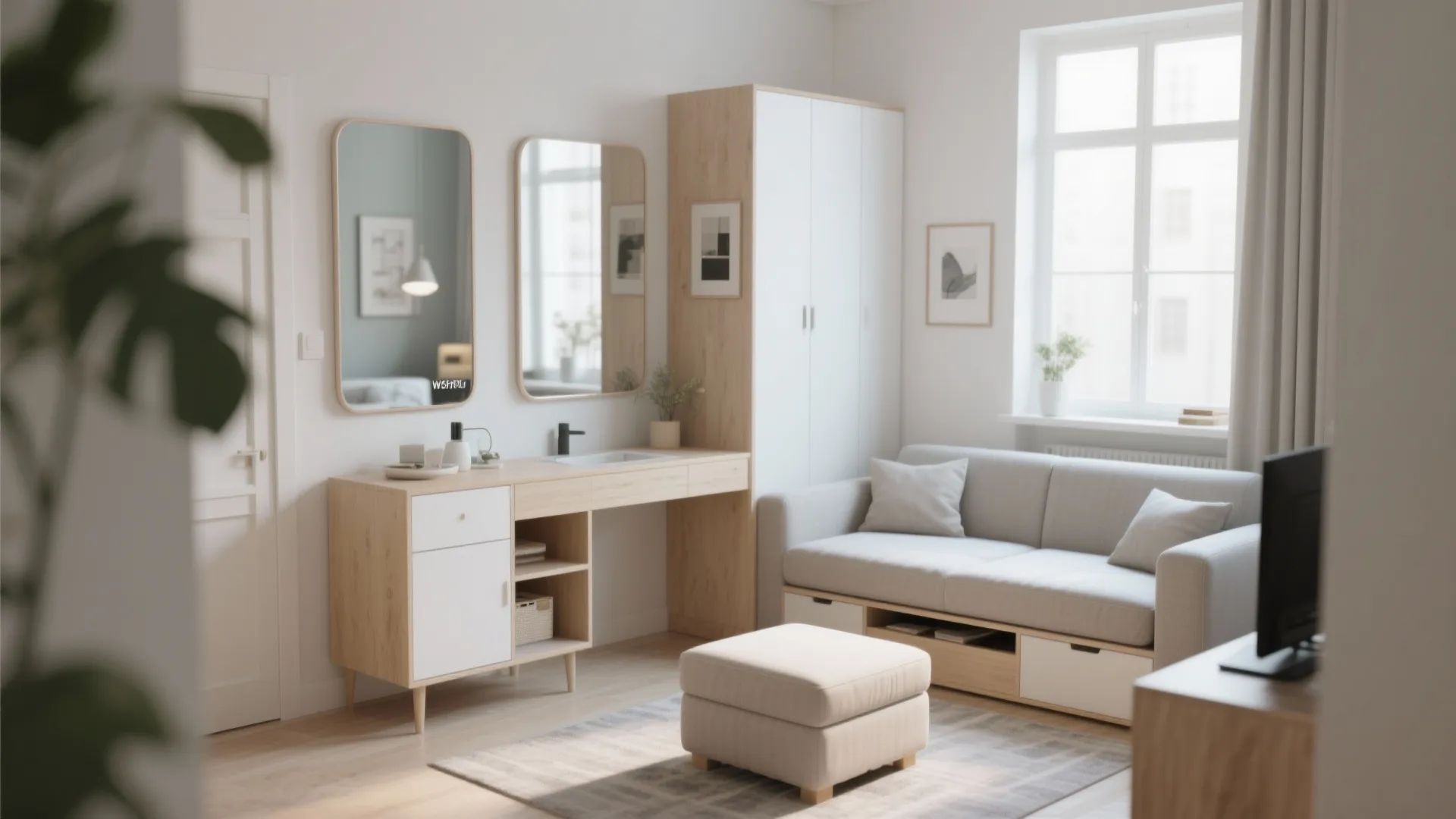 Small apartment vignette showing light palette, scaled furniture, and multifunctional storage solutions.