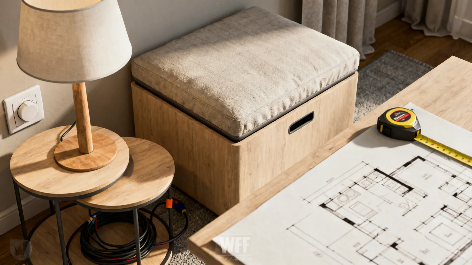 Close-up of multi-functional furniture, cable management and planning tools for small rooms