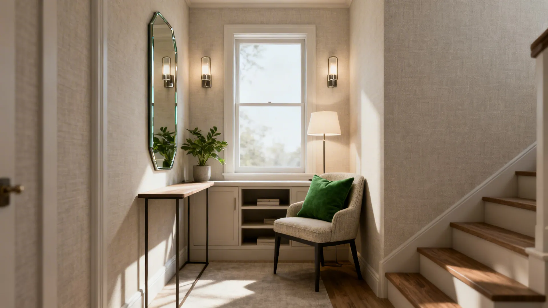 Interior vignette showing scaled furniture, mirror, and layered lighting for a small room