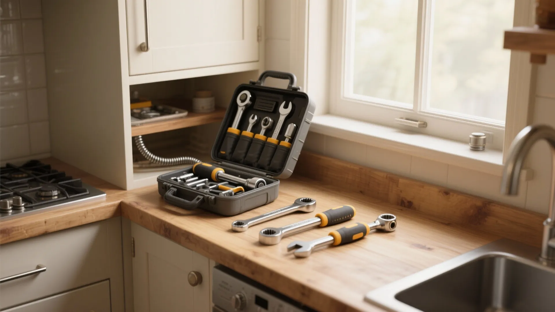 A grey tool box with various metal wrenches sits on a wooden kitchen counter top