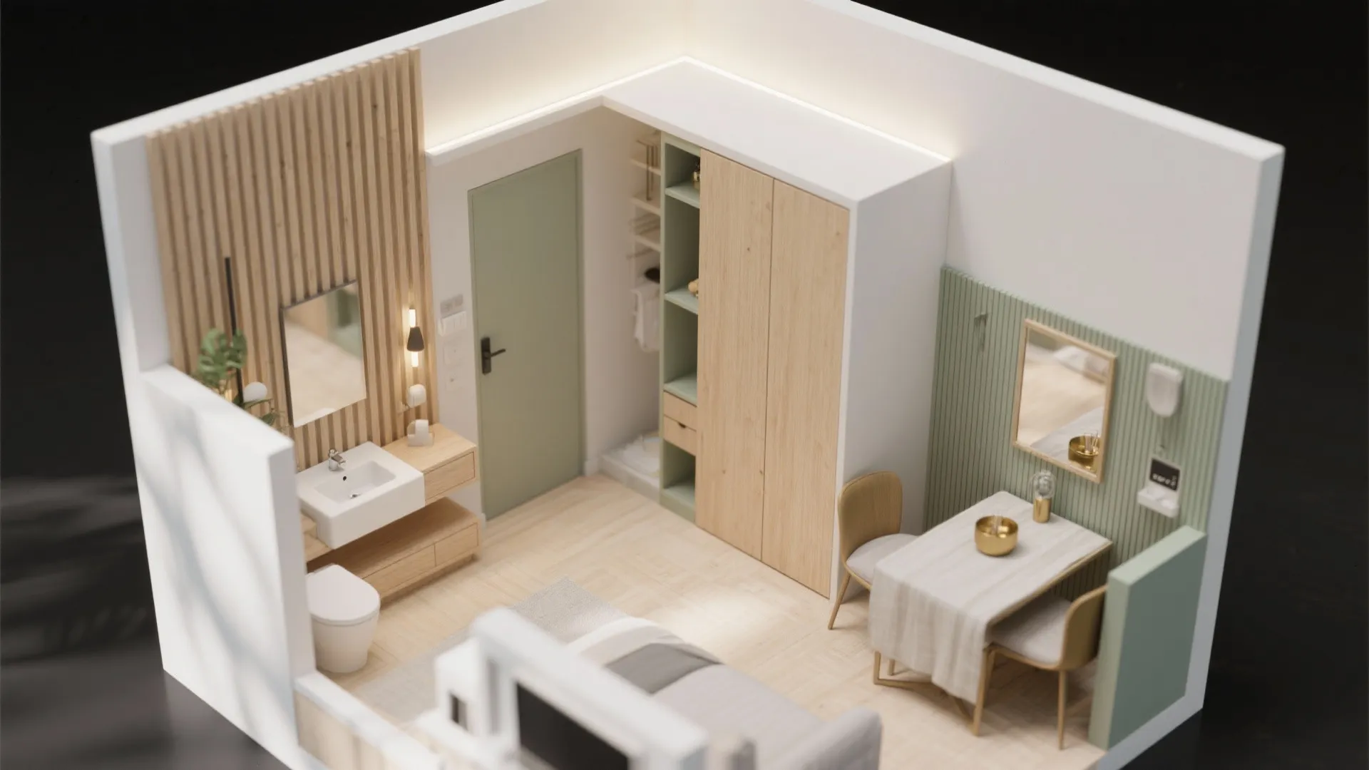 Top down view of a small studio apartment featuring green walls wooden furniture and bathroom