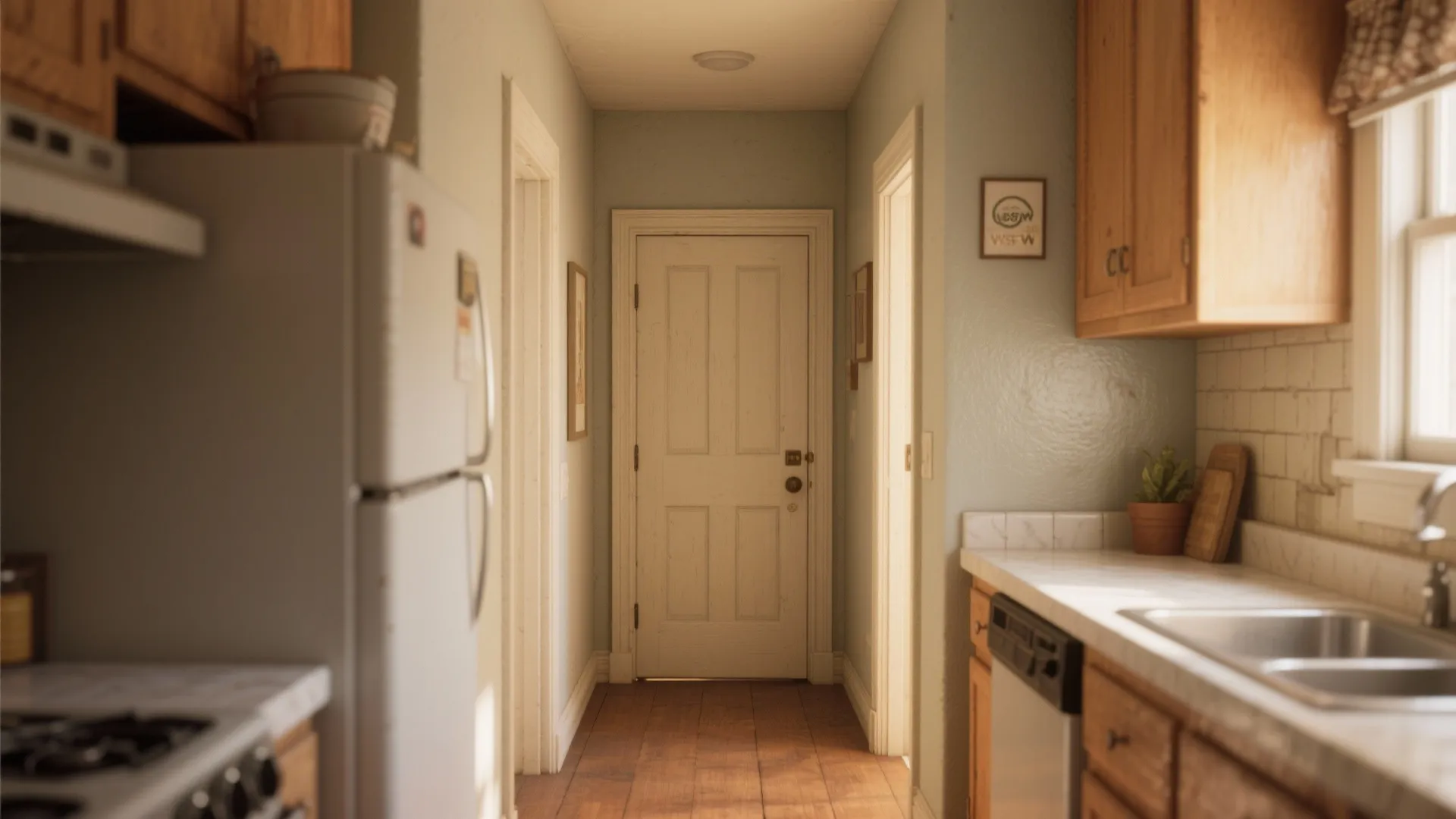 Small kitchen with white fridge, wooden cabinets, and hallway leading to a white interior door