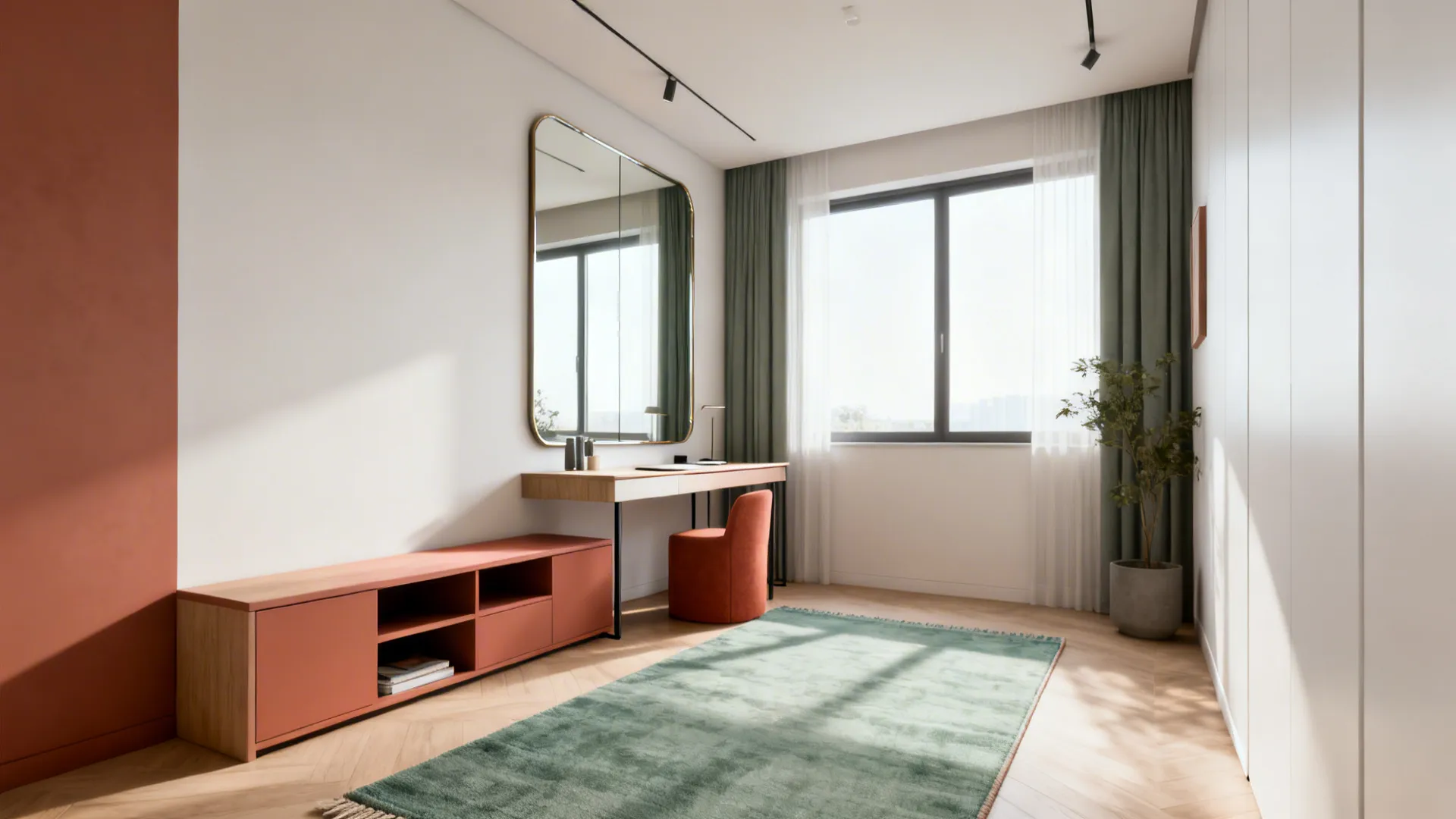 Compact living area showing storage bench, slim console desk, and a mirror amplifying light.