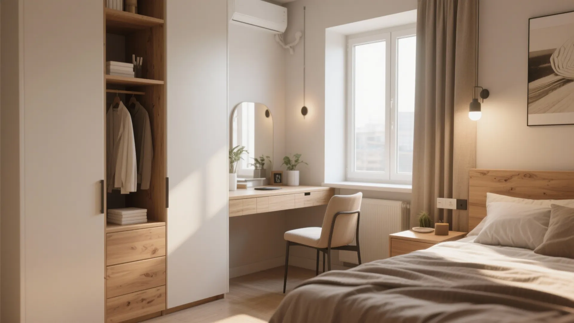 Cozy bedroom interior with wooden desk workspace white wardrobe and warm wall light next to bed