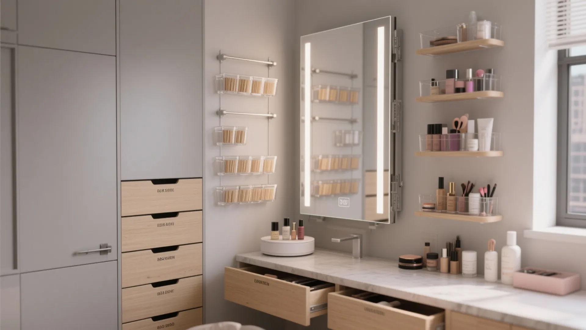 Small space vanity with a lighted mirror, wooden drawers, wall shelves, and organized makeup items