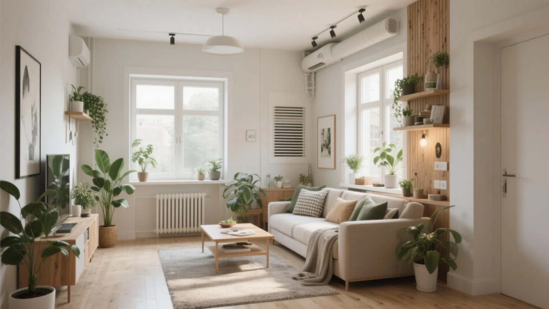 Bright small living room with white sofa wooden furniture green plants and wall mounted air conditioner