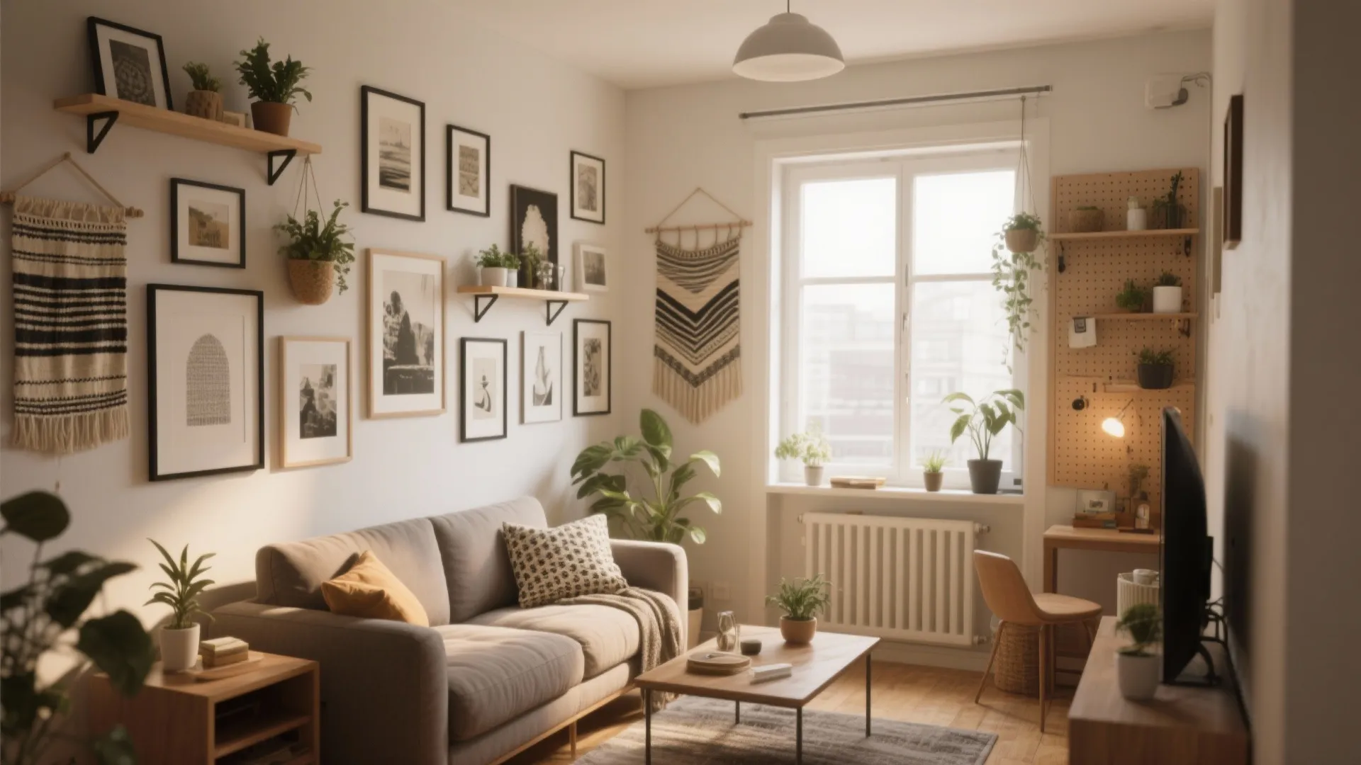 Cozy living room featuring a grey sofa gallery wall wooden coffee table and indoor green plants