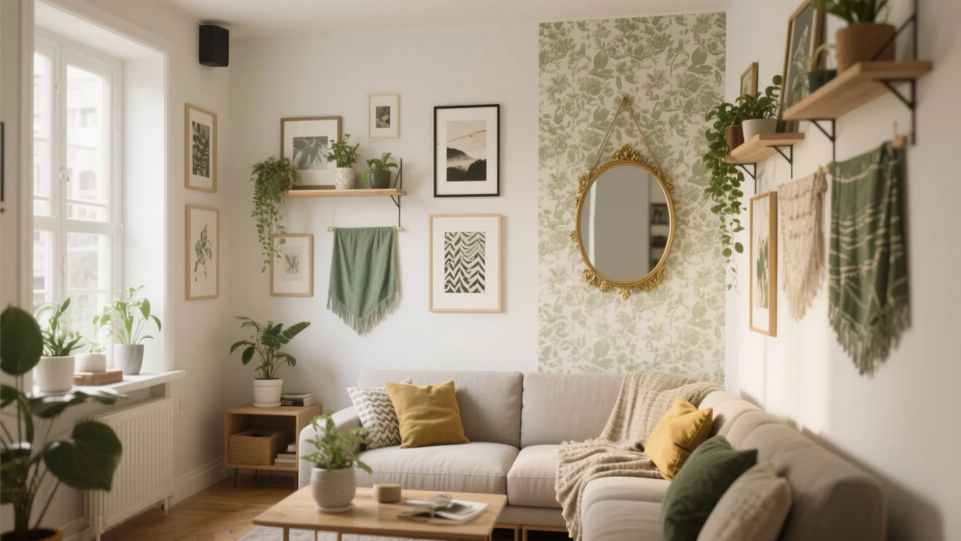 Living room with grey sofa yellow pillows round gold mirror green patterned wallpaper and indoor plants