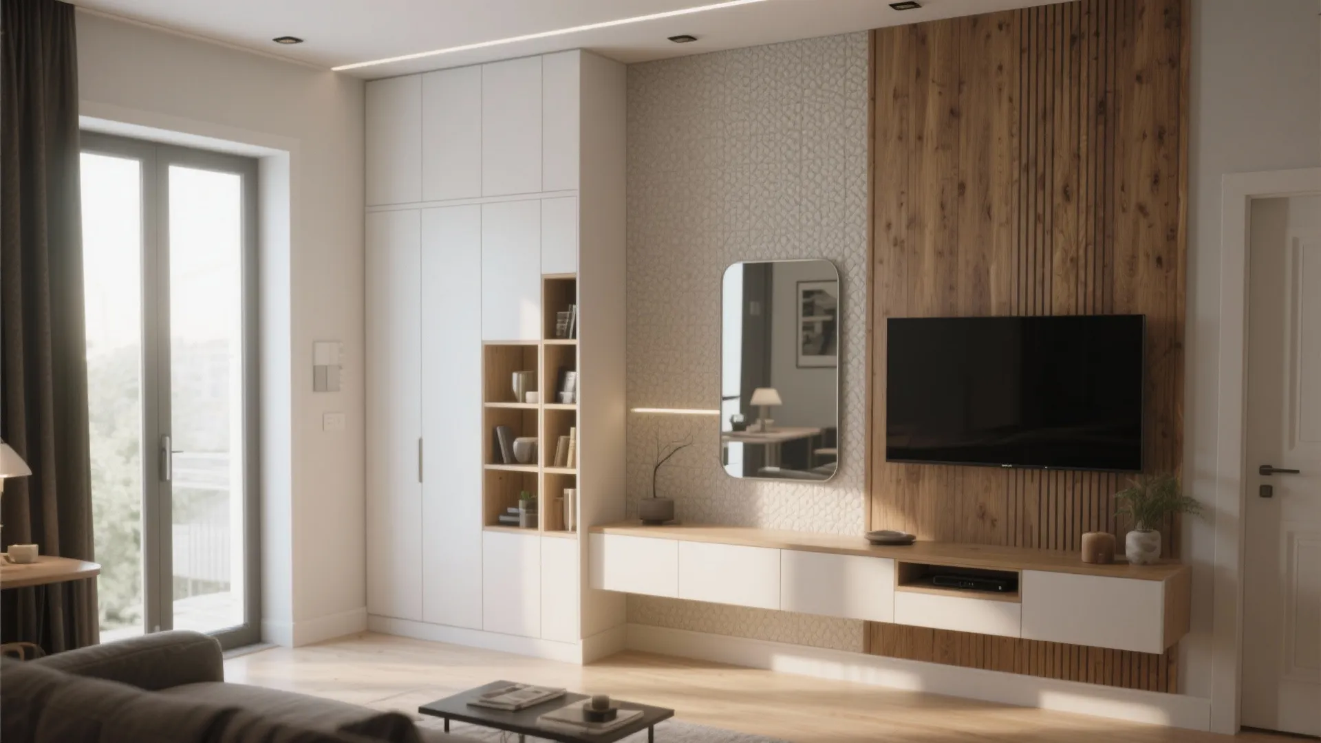 Living room with wooden wall panel flat screen television white cabinets and a rectangular mirror
