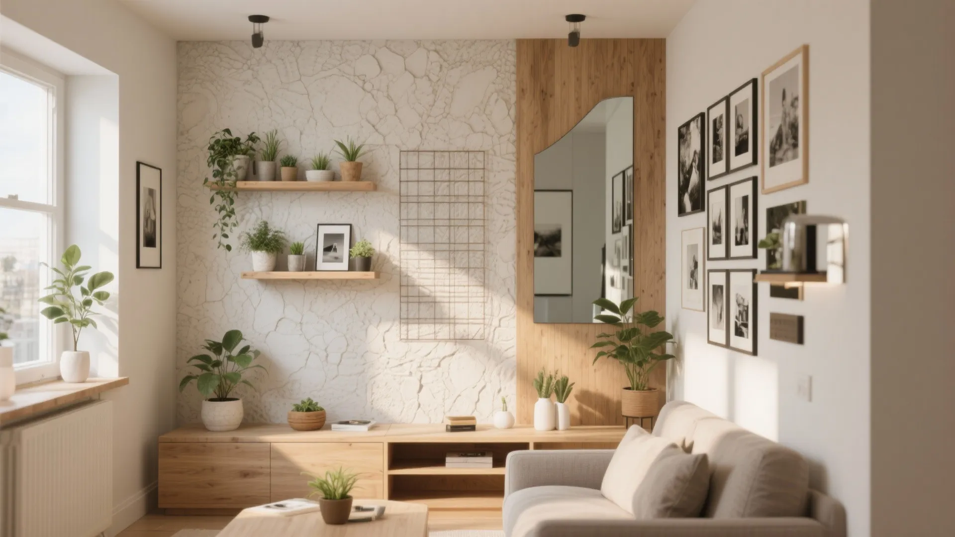 Bright living room featuring wooden cabinet wall shelves picture frames mirror and many indoor plants