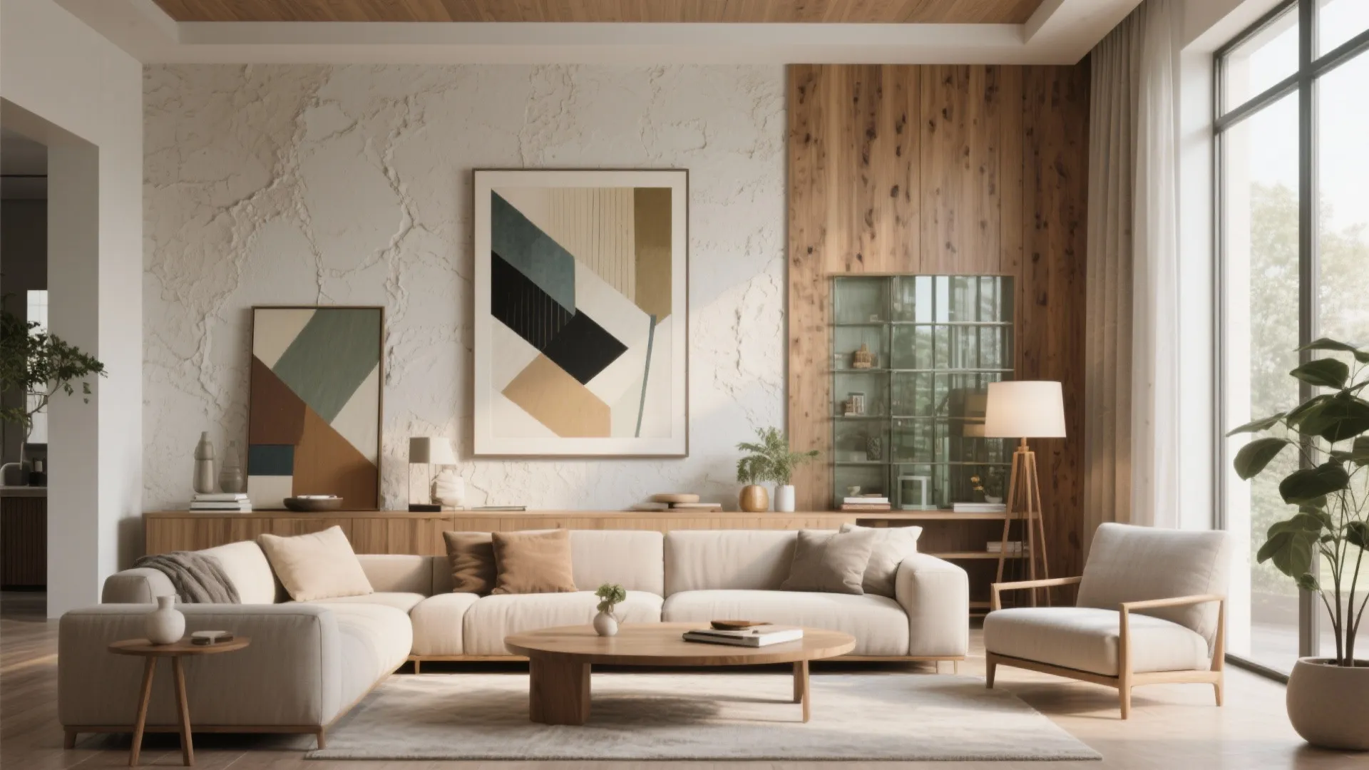Modern living room with beige sofa wood coffee table framed wall art and natural window light