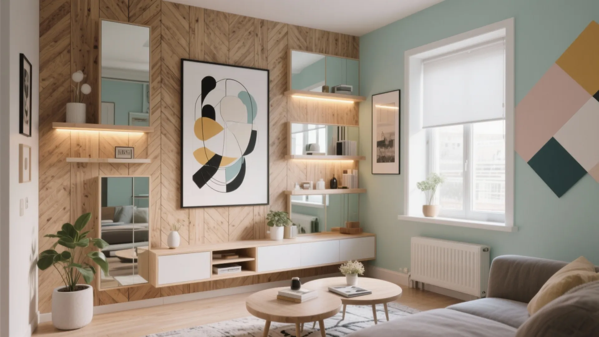 Modern living room with wood wall panel, geometric art, white cabinet, and two round tables