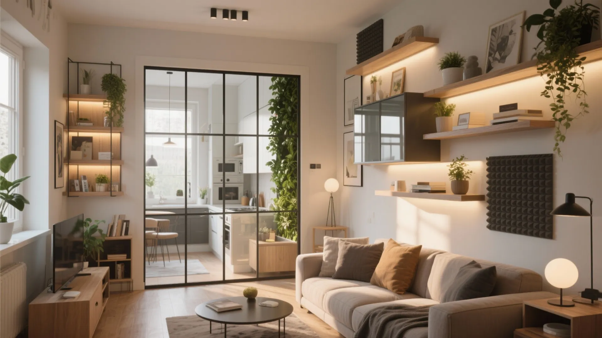 Living room with beige sofa and glass door partition showing a kitchen in the background