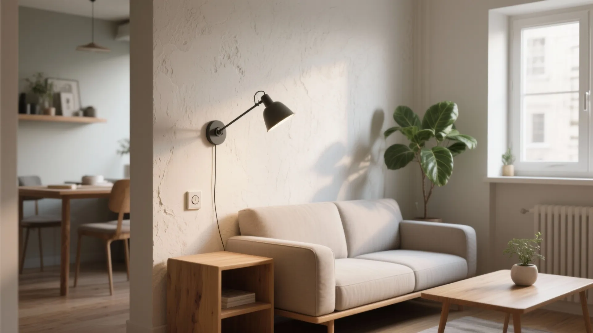 Modern living room with beige sofa black wall light green plant and wooden coffee table